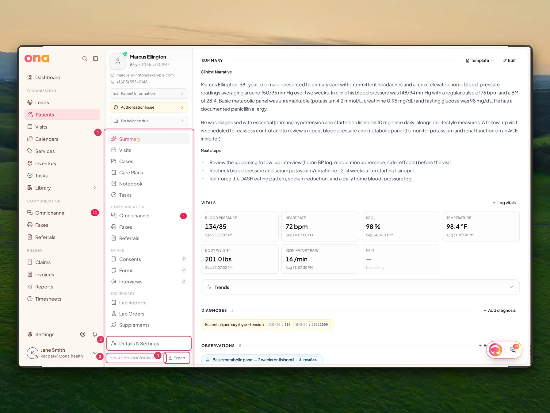 The patient chart sidebar shows the patient section links, the Details & Settings link, the MRN button, and the Export patient data button.