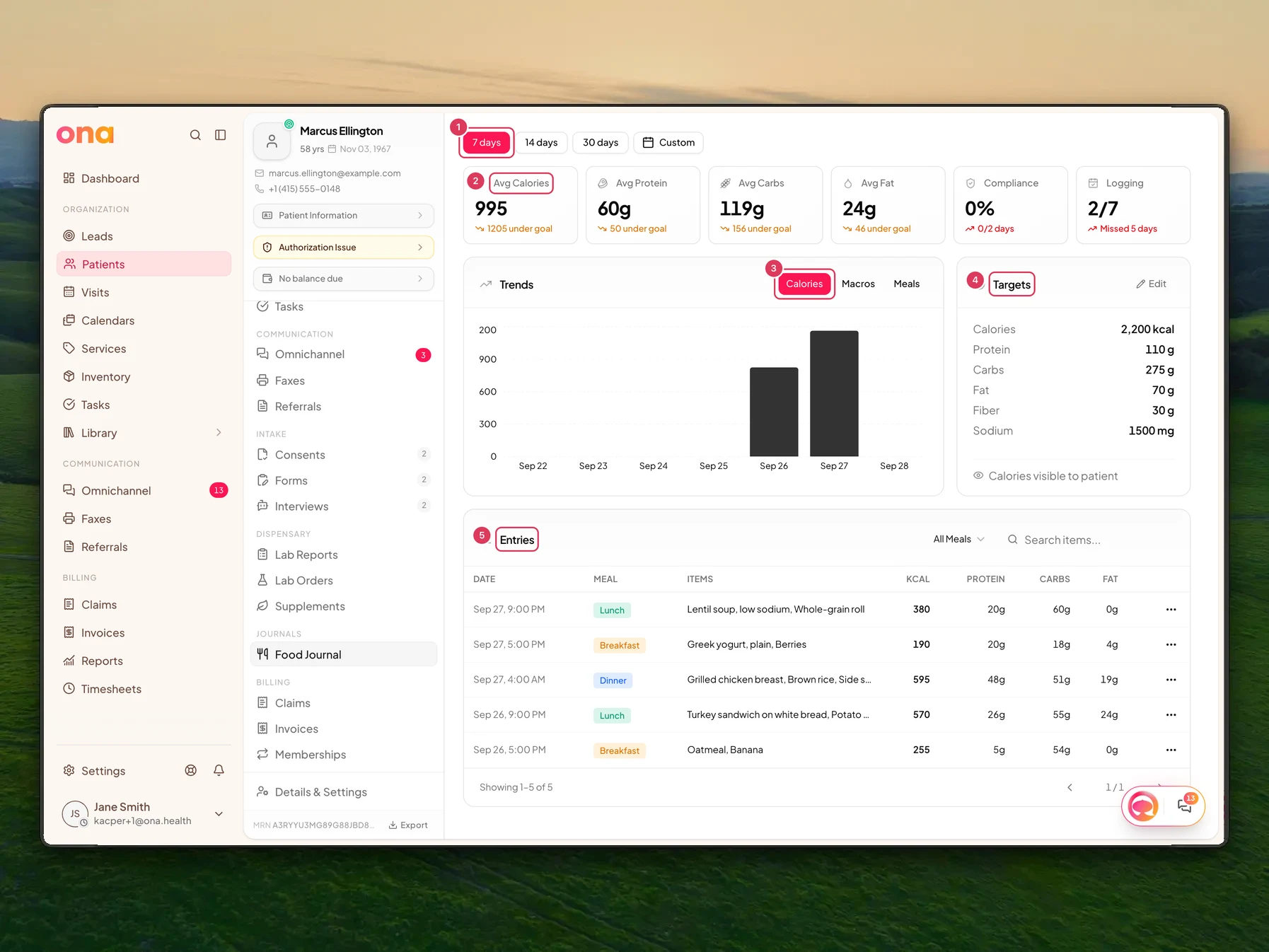 The patient's Food Journal page shows date range buttons, calorie and macro summary cards, a Trends chart, a Targets card, and the Entries table.
