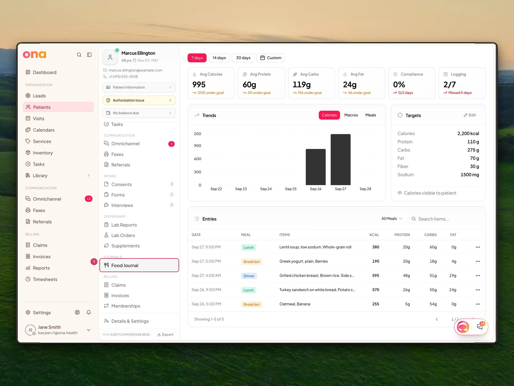 Marcus Ellington's patient chart is open on the Food Journal page, with the Food Journal chart tab highlighted in the patient sidebar.