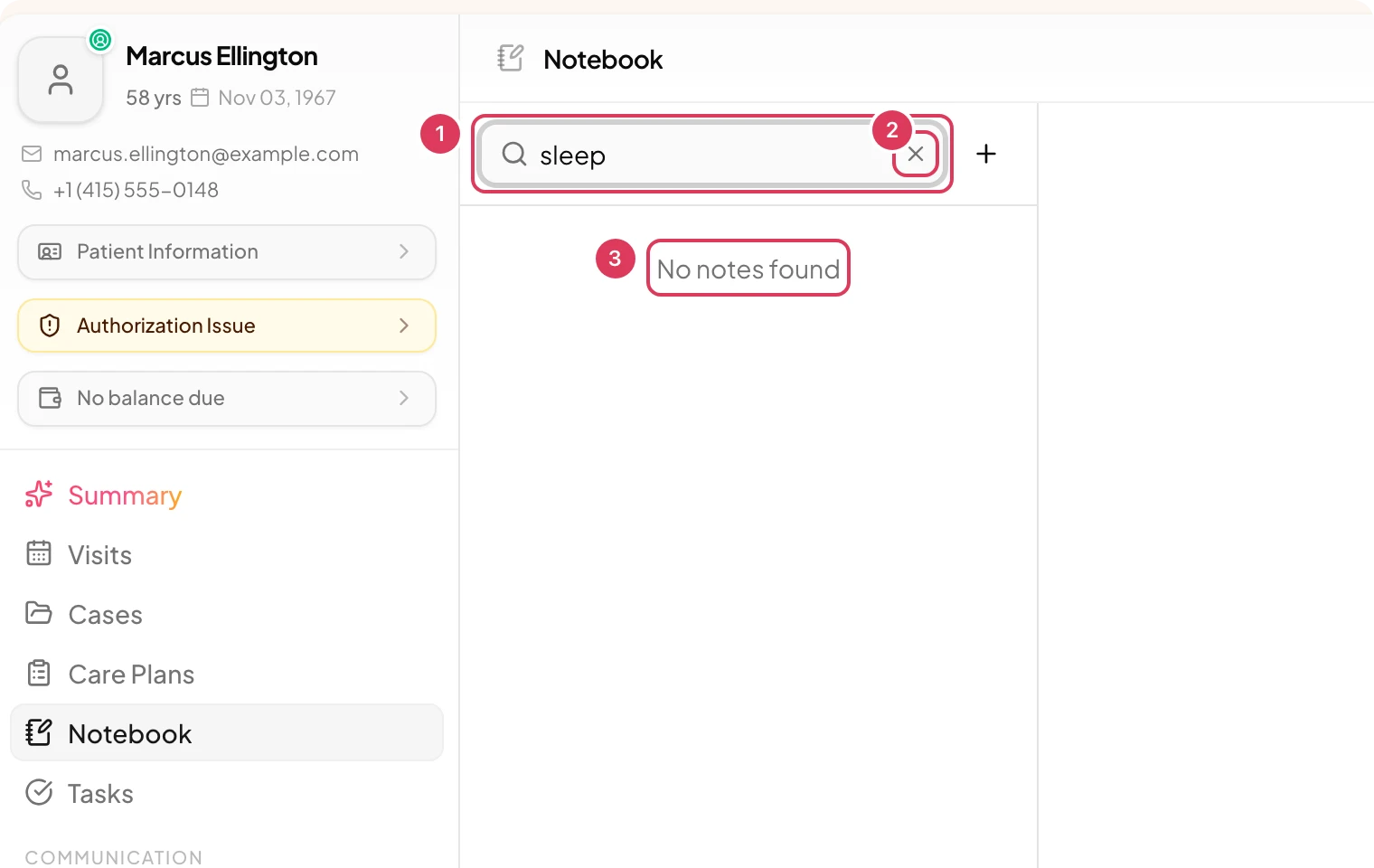 The patient Notebook page shows the notes search field filled with sleep, the clear-search button beside it, and the filtered results area below showing that no notes were found.