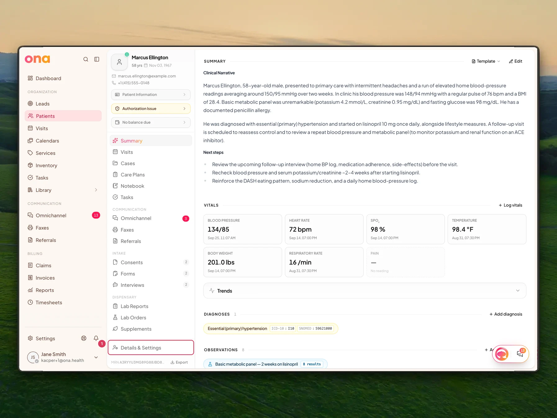 The patient chart is open with the Details & Settings link pinned at the bottom of the patient sidebar.