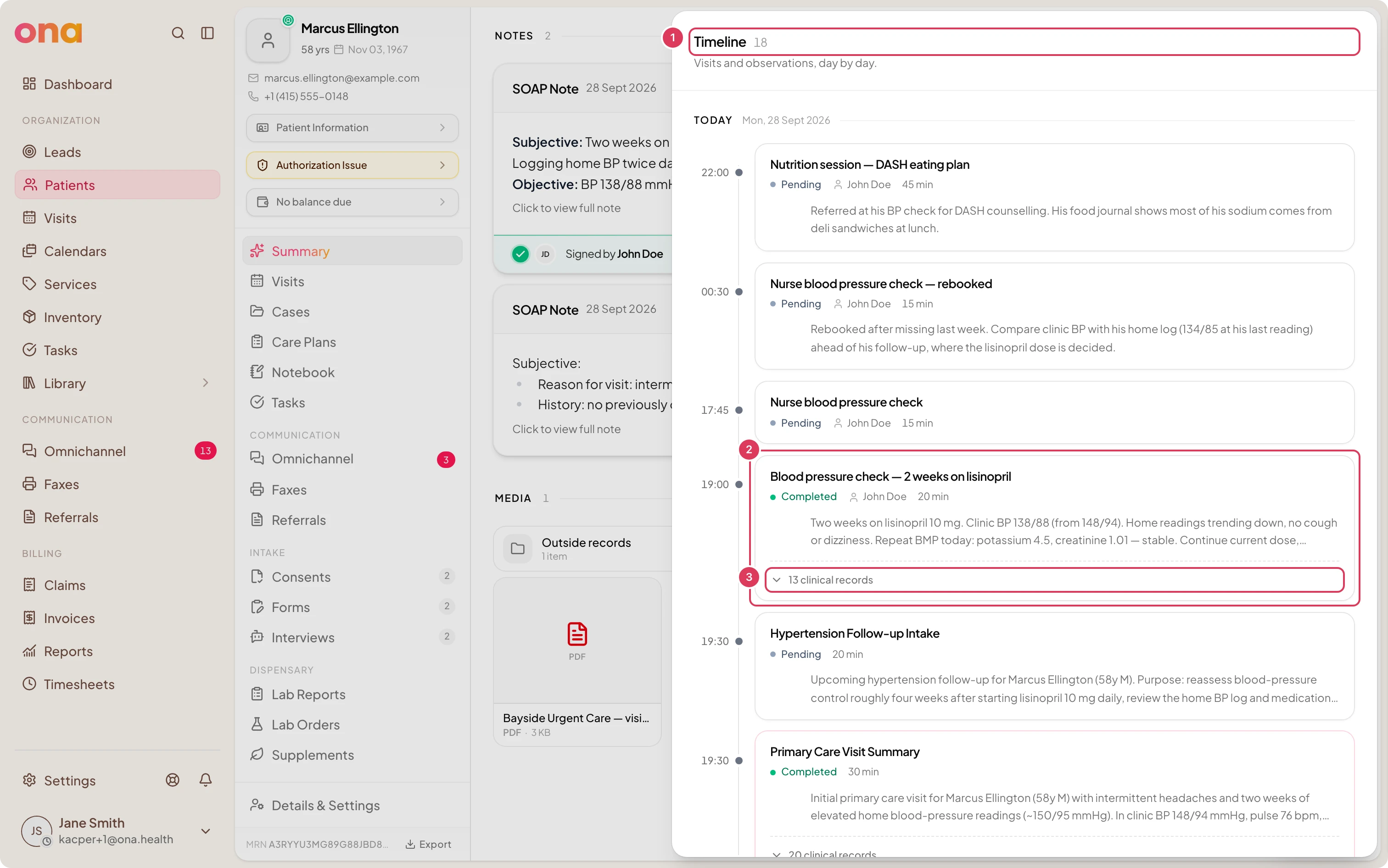 Marcus Ellington's Timeline sheet is displayed on the right, showing the Timeline heading, a blood pressure follow-up visit card, and the clinical records button inside the timeline.