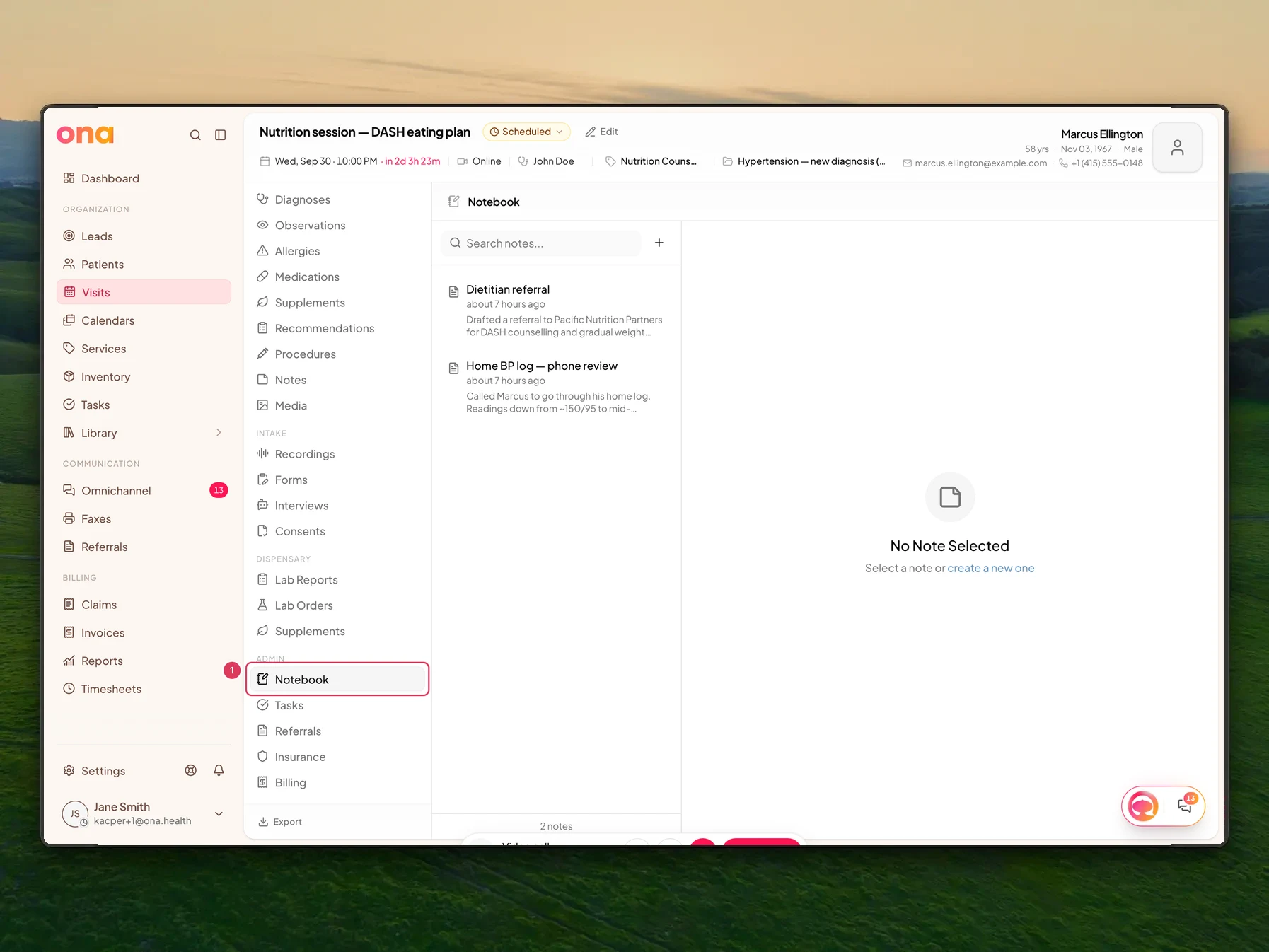 The in-progress visit is open with the Visit sections navigation visible and Notebook selected, showing the patient notebook in the visit workspace.