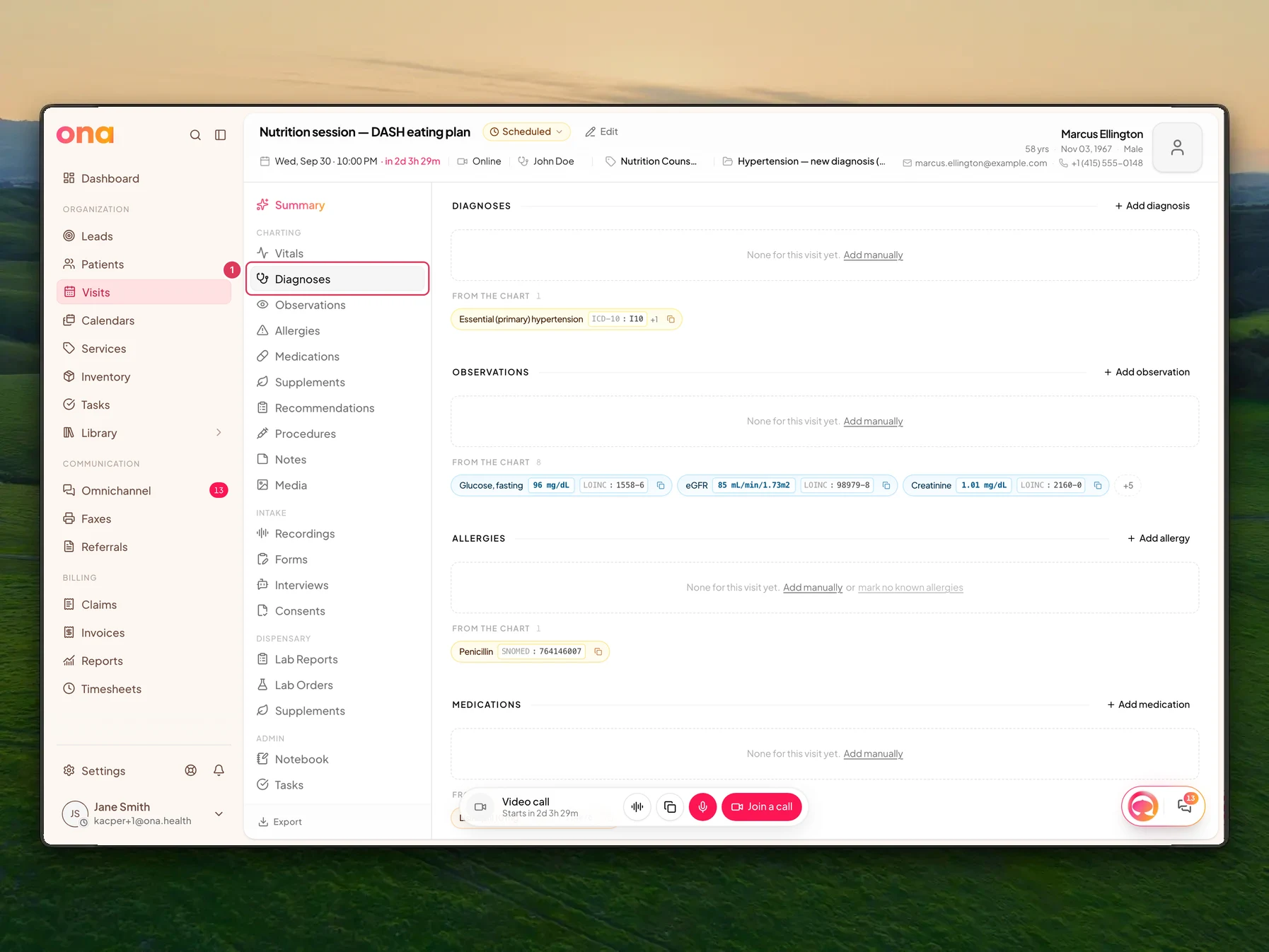 The in-progress visit is open with the Visit sections navigation visible and the Diagnoses section selected in the visit records area.