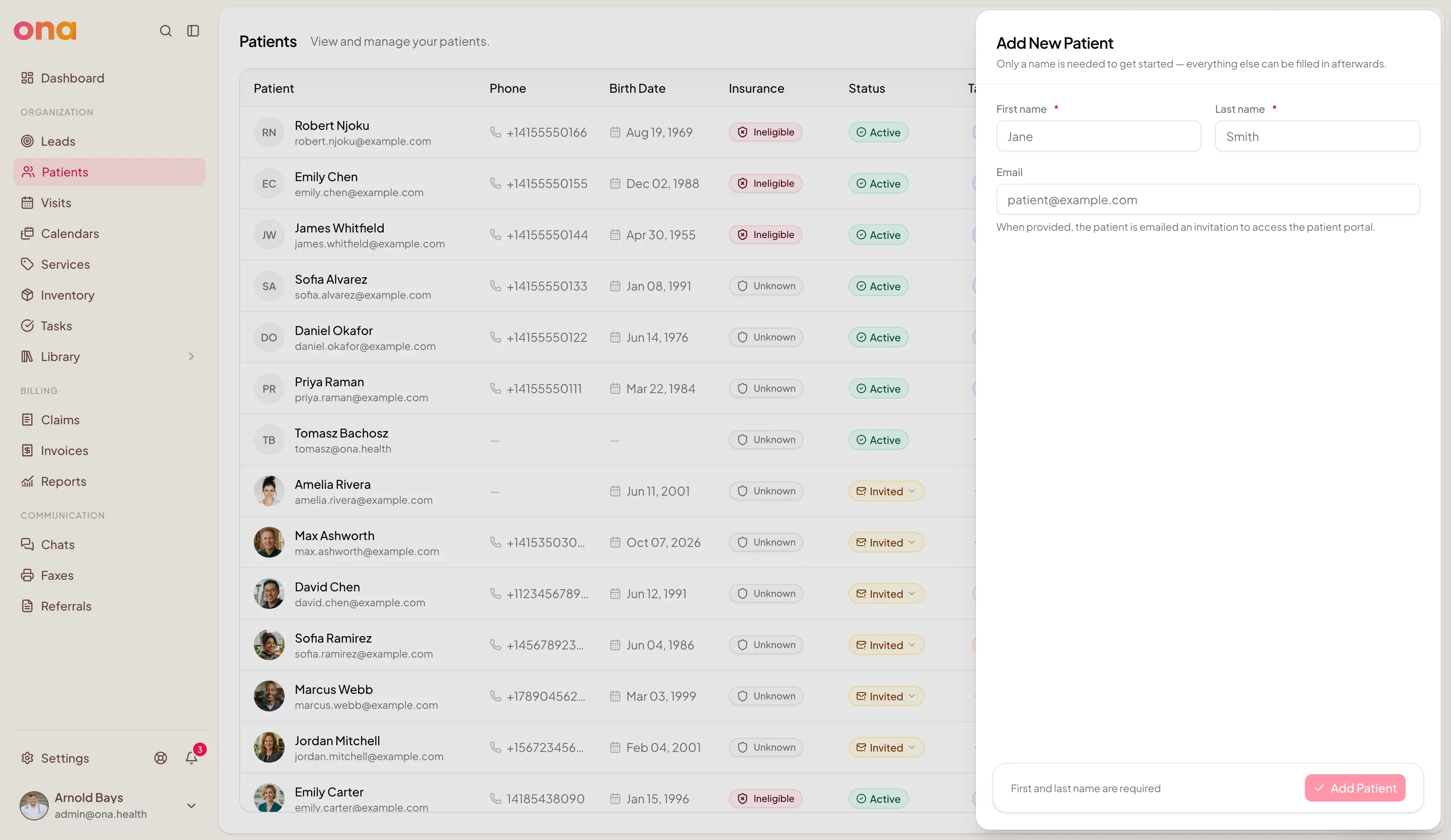 The Add New Patient sheet, with first name, last name and an optional email field