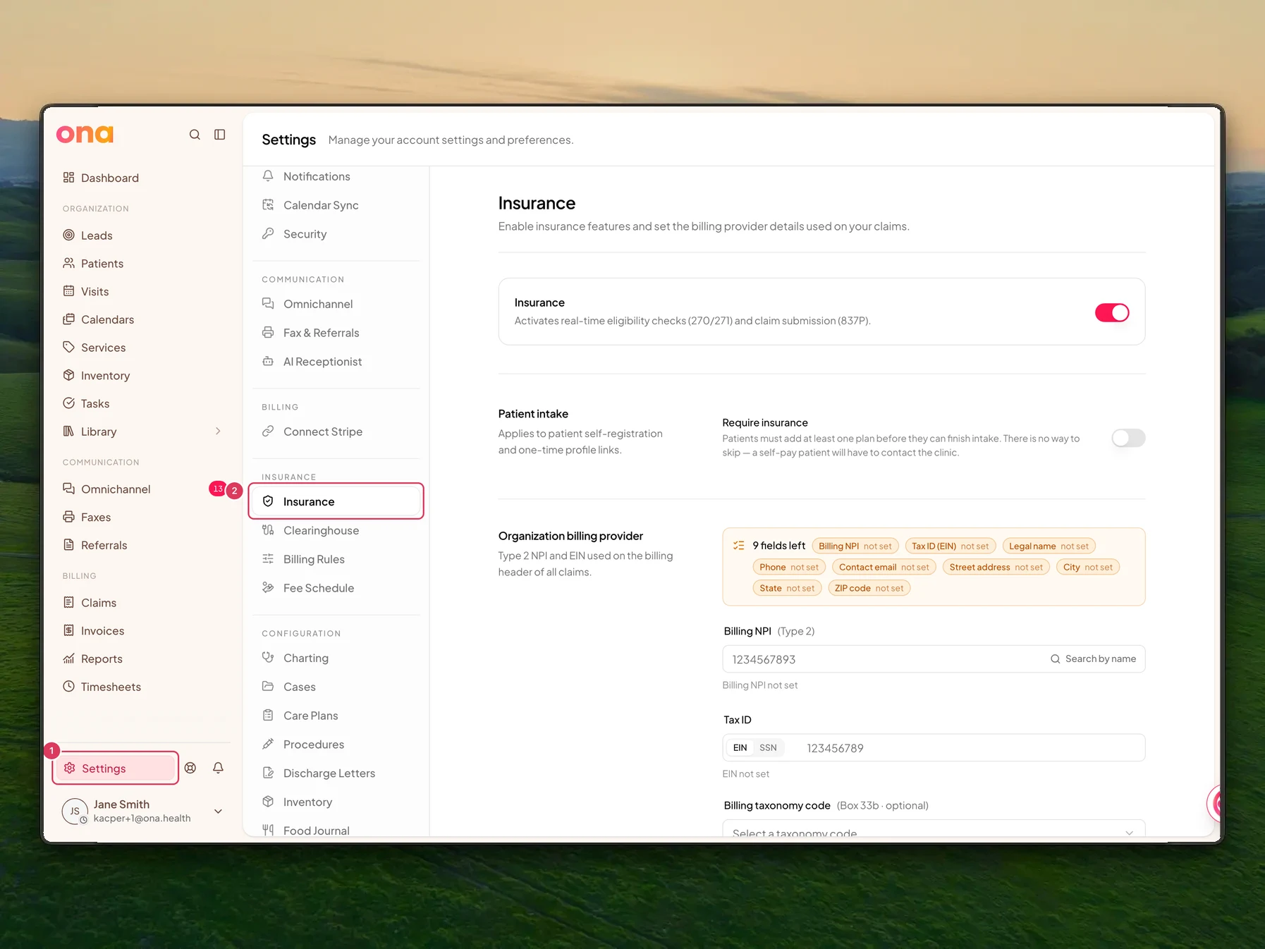 The Insurance settings page is open with Settings highlighted in the left sidebar and Insurance highlighted in the settings menu.