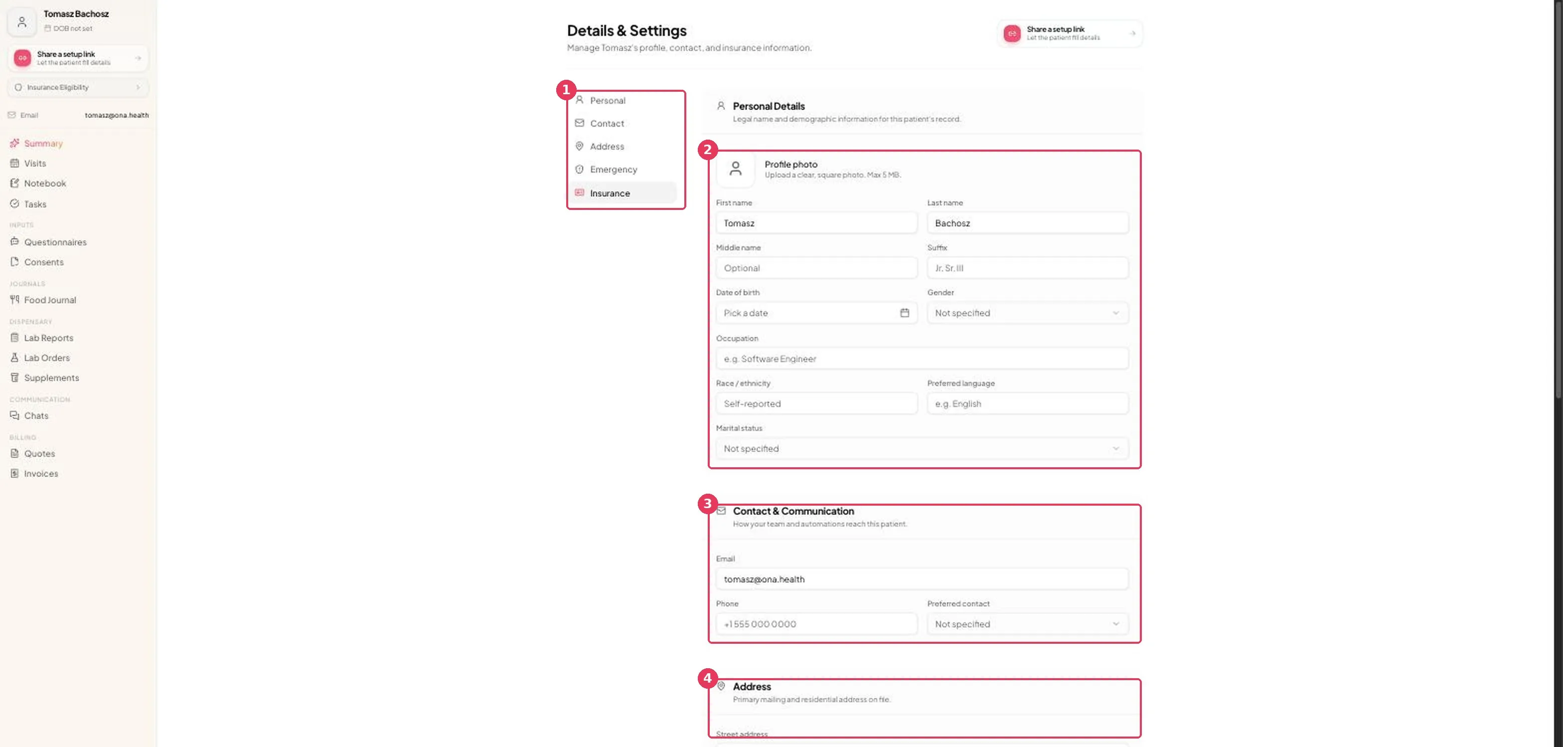 The patient details area shows demographic and contact fields for a patient record.