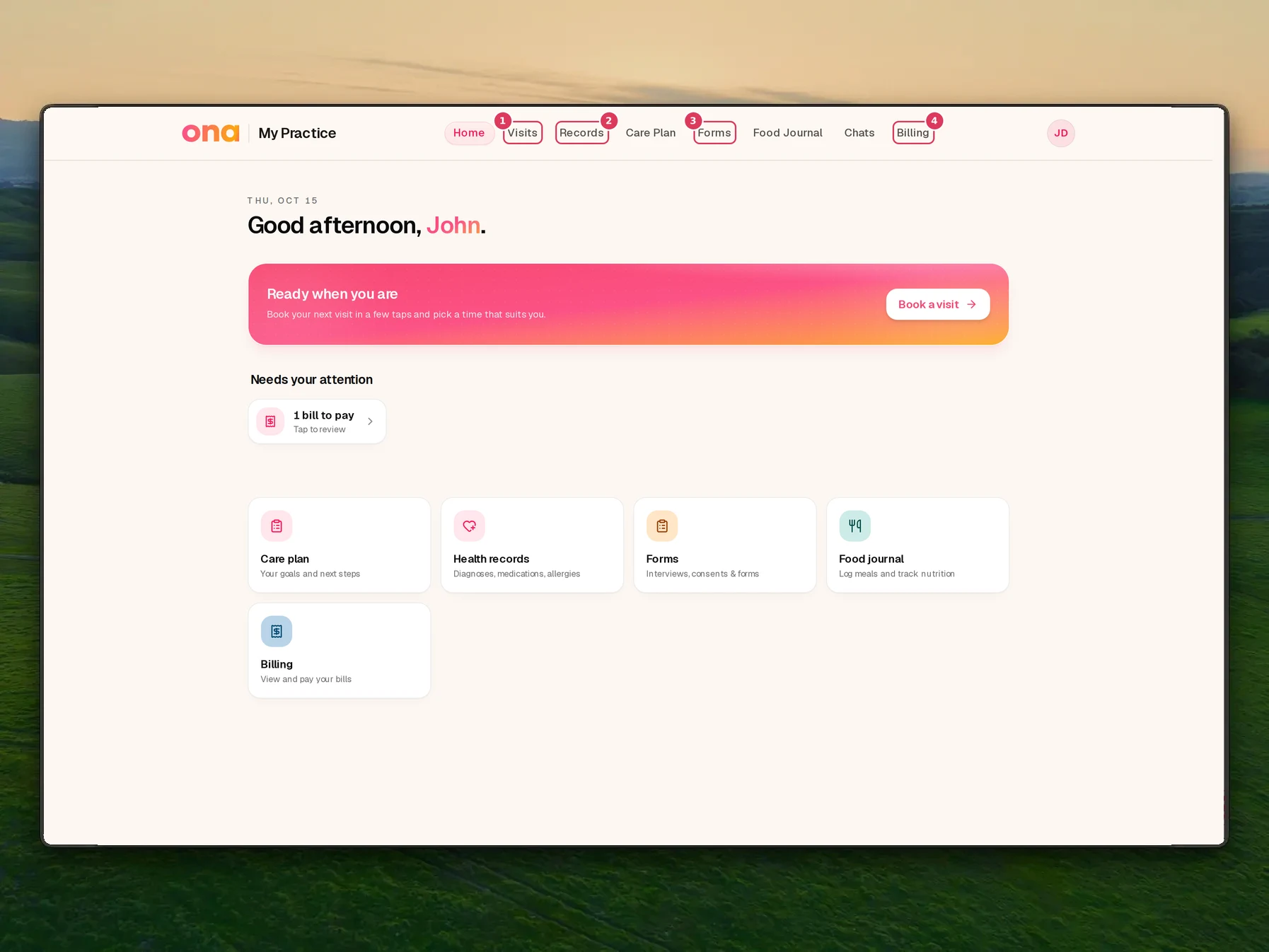 The patient portal home is open with the left navigation links for Home, Visits, Records, Care Plan, Forms, Food Journal, Chats, and Billing, plus the main greeting and quick links cards.