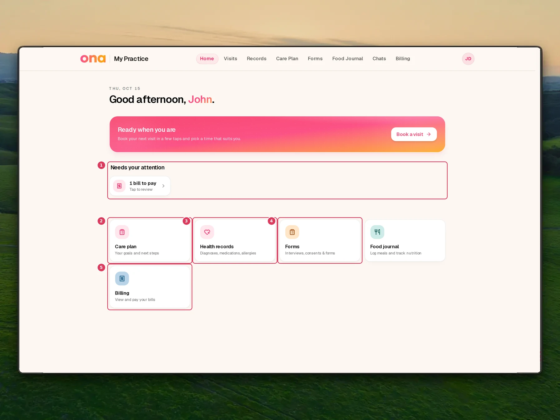 The patient portal home is open, showing a greeting, a Needs your attention section, and quick links for Care plan, Health records, Forms, and Billing.