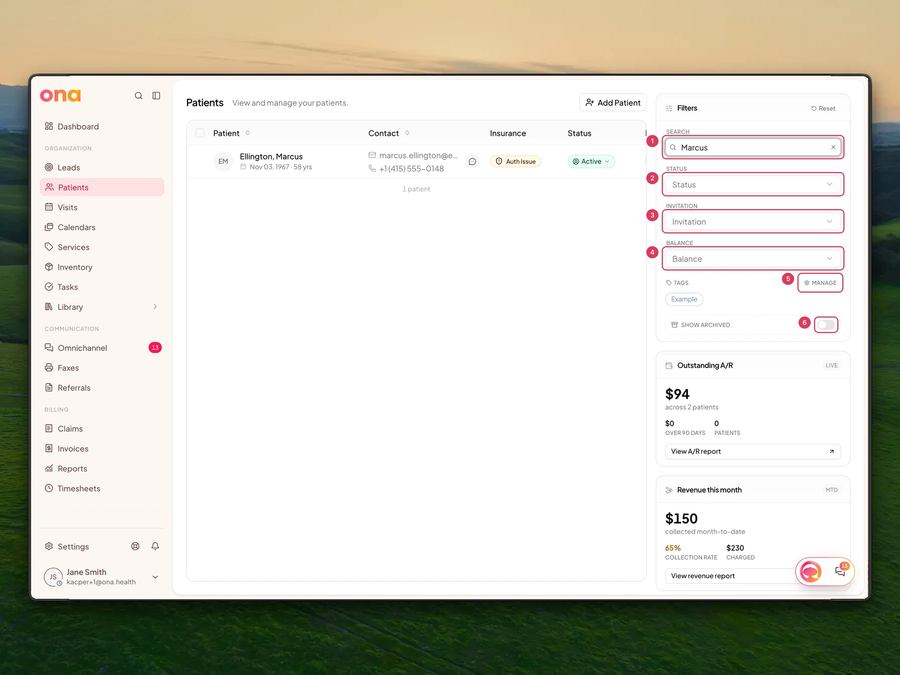 The Patients page is open with the Filters panel visible, including Search, Status, Invitation, Balance, Tags, Reset, and Show archived controls.