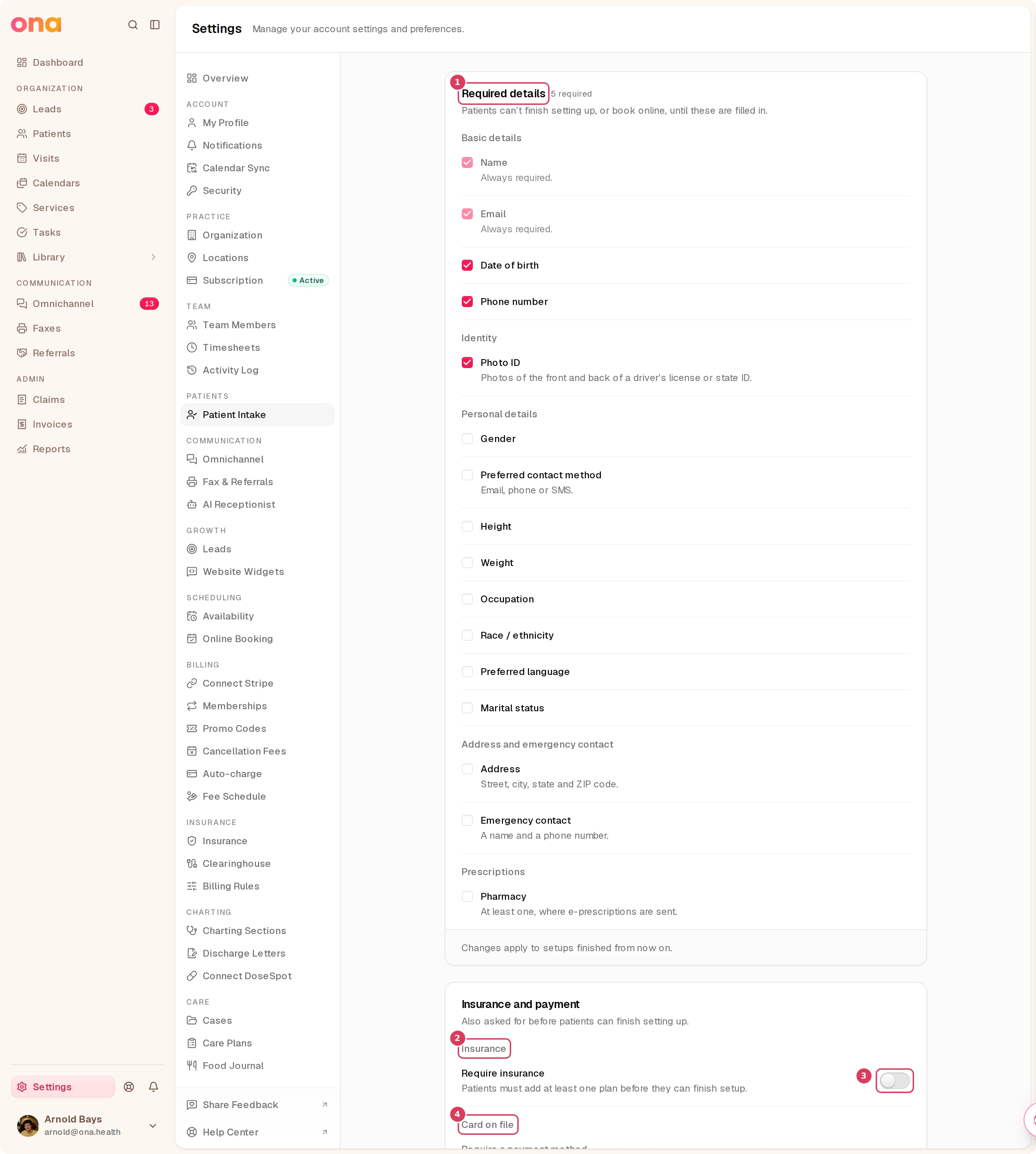 The Patient Intake settings page shows required profile details above insurance and payment requirements, including switches to require insurance and a payment method.