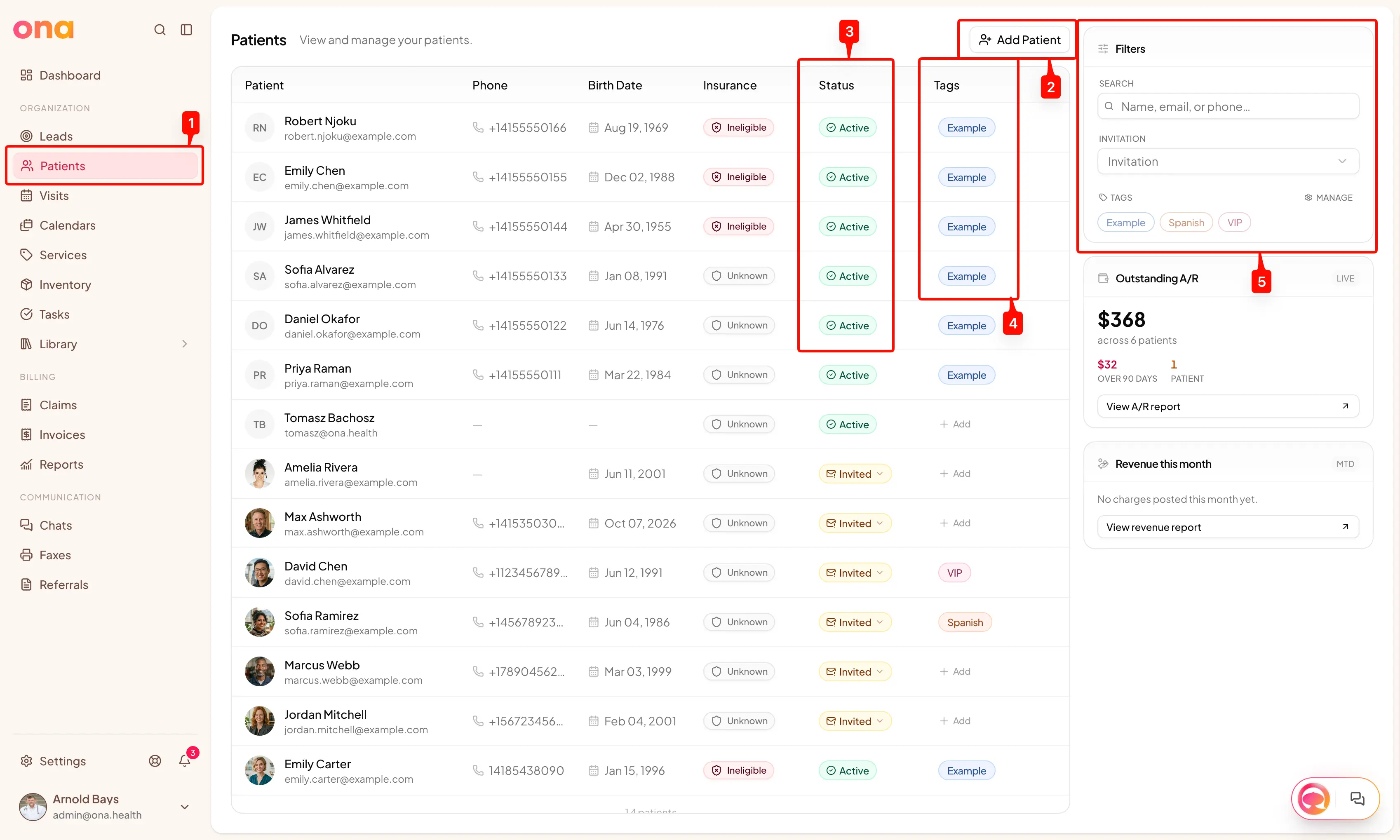 The Patients list, with status, tags and the filters panel