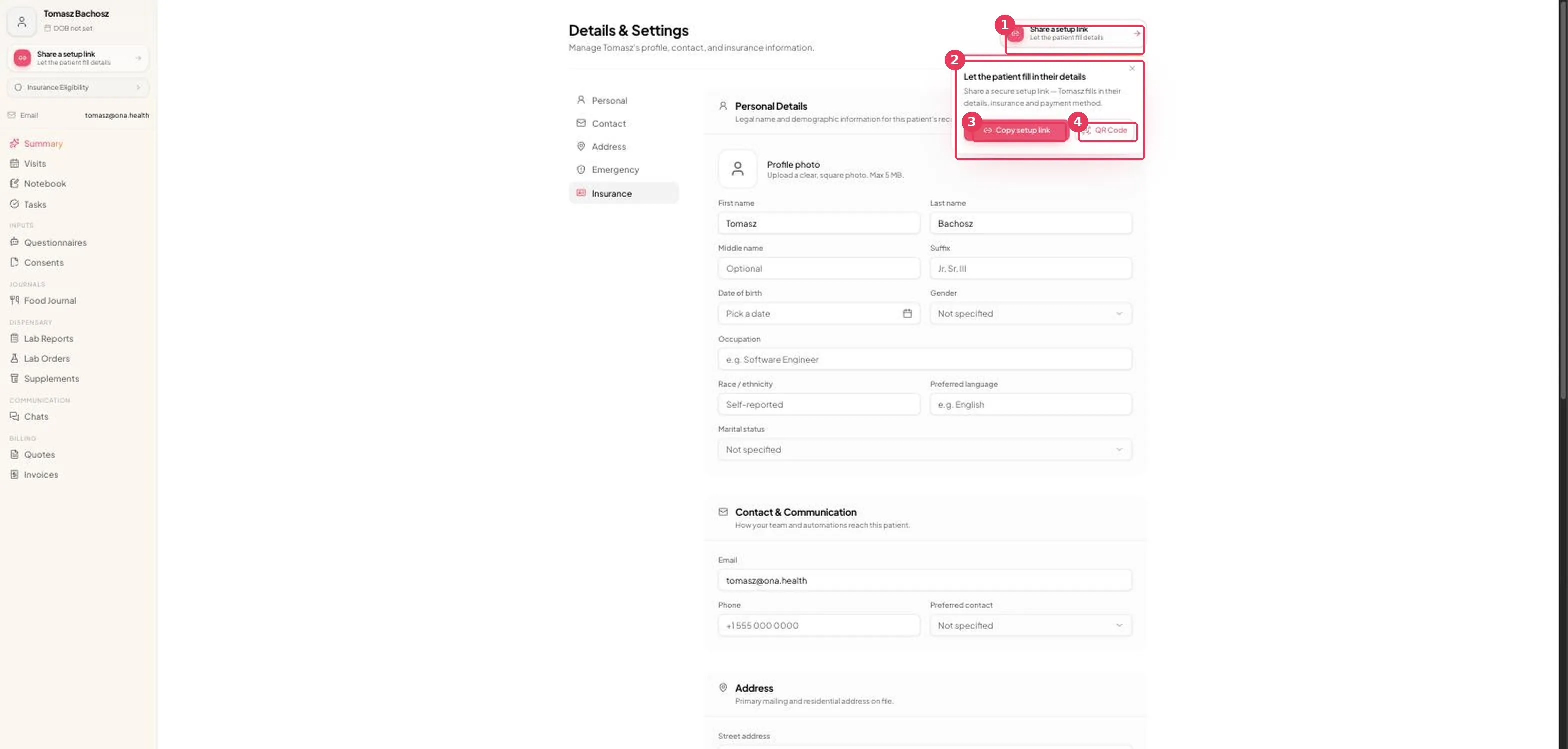 The share setup link panel shows options for giving a patient their setup link and QR code.