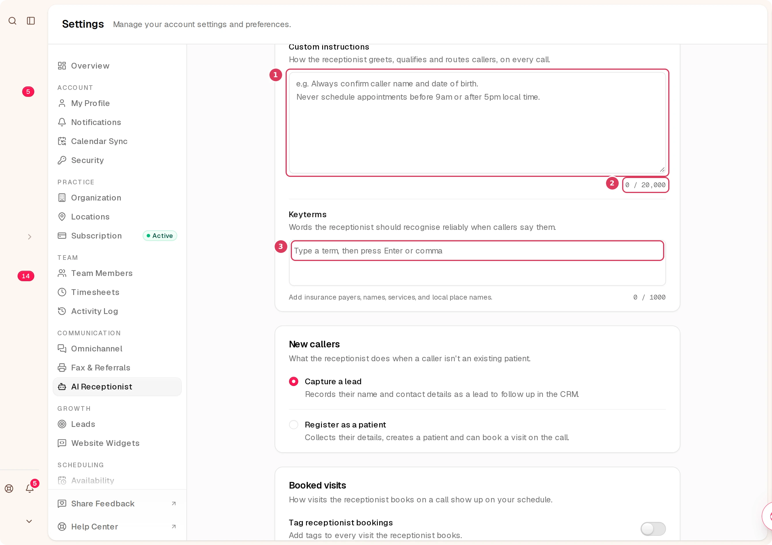 The Conversation section is open on the AI Receptionist settings page, with the Custom instructions textbox, its character counter, and the Keyterms field below it.