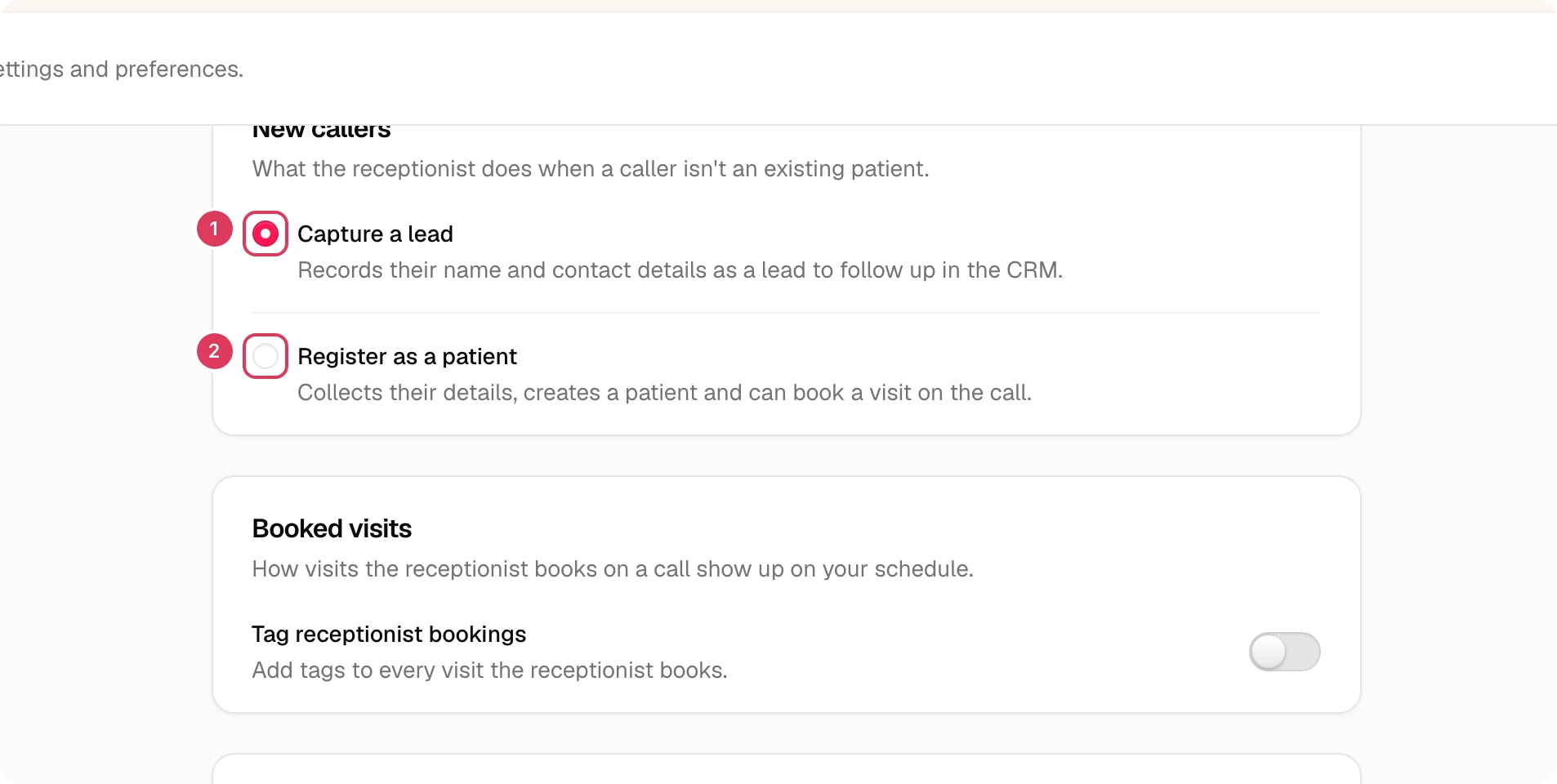The New callers section shows the choices for capturing a lead or registering the caller as a patient.