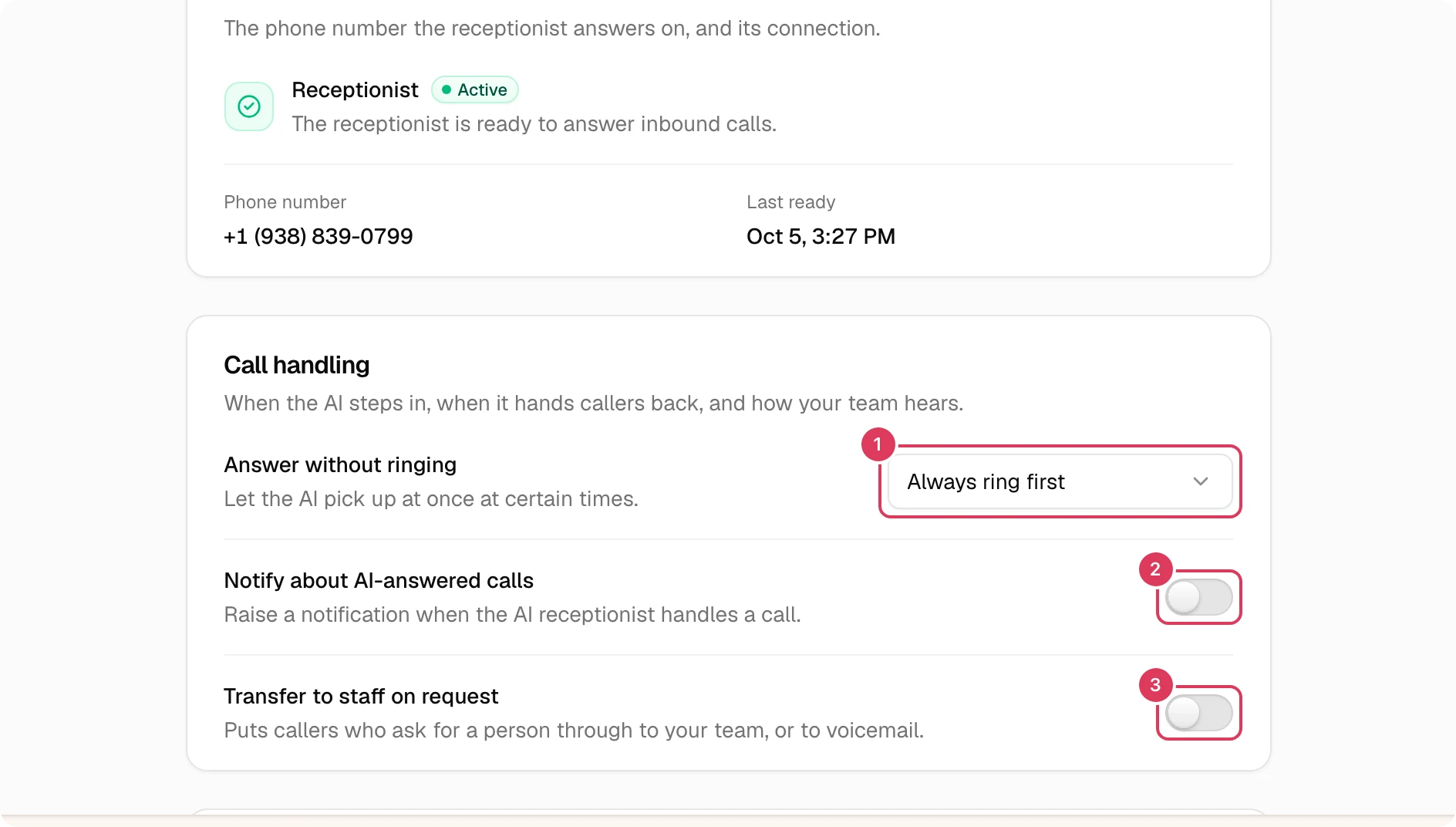 The Call handling section is open, showing the Answer without ringing selector and the two switches for notifying about AI-answered calls and transferring to staff on request.