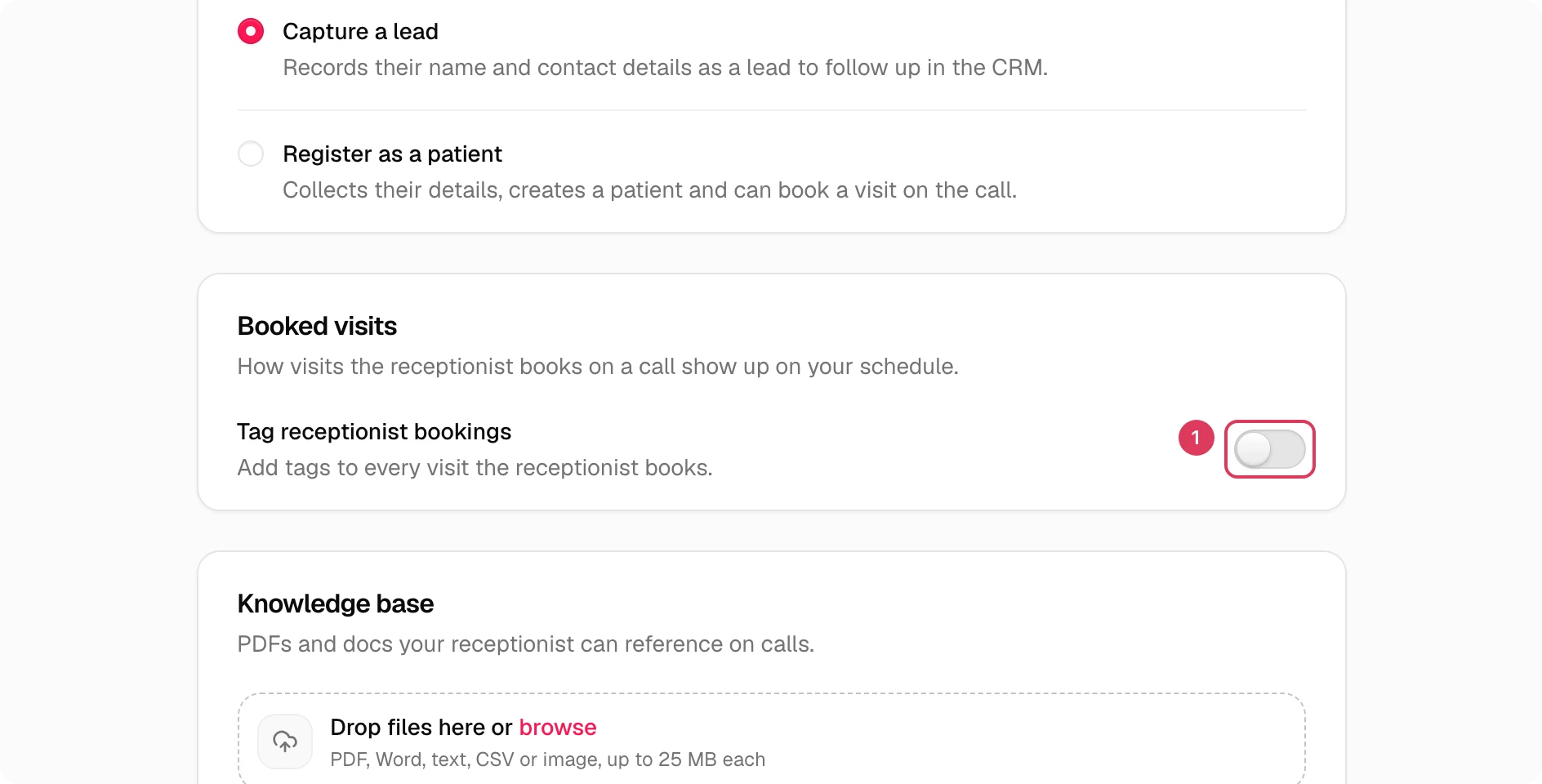 The Booked visits section shows the switch for tagging visits the AI Receptionist books.