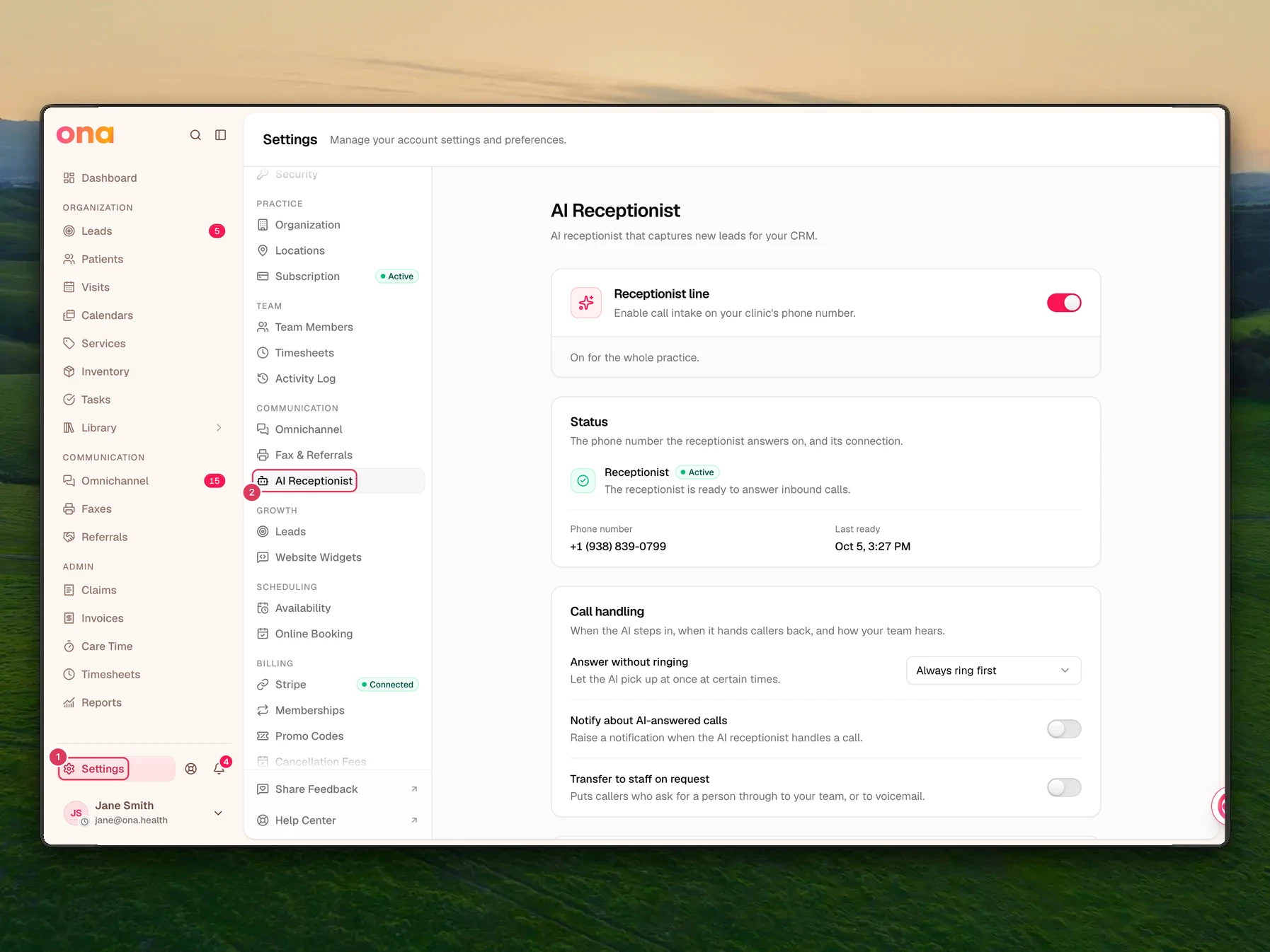 The Settings page is open with the Settings link in the left sidebar and AI Receptionist selected under Communication in the settings menu.