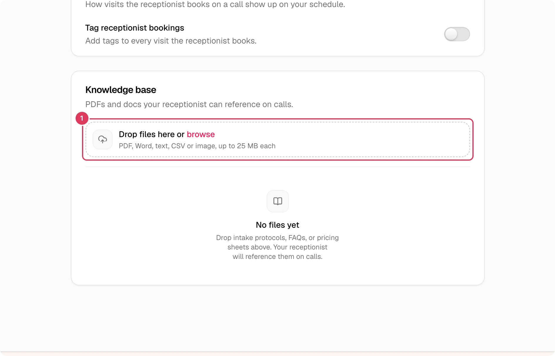 The Knowledge base section shows the upload dropzone for PDFs, Word files, text, CSV files, and images.