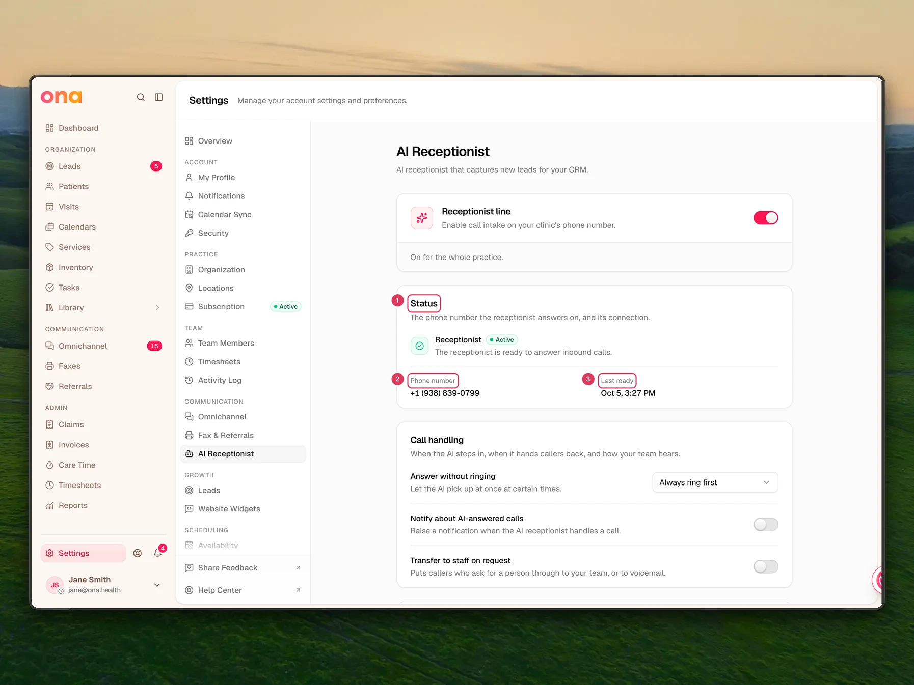 The AI Receptionist settings page shows the Status section with the receptionist state, phone number, and last ready time.