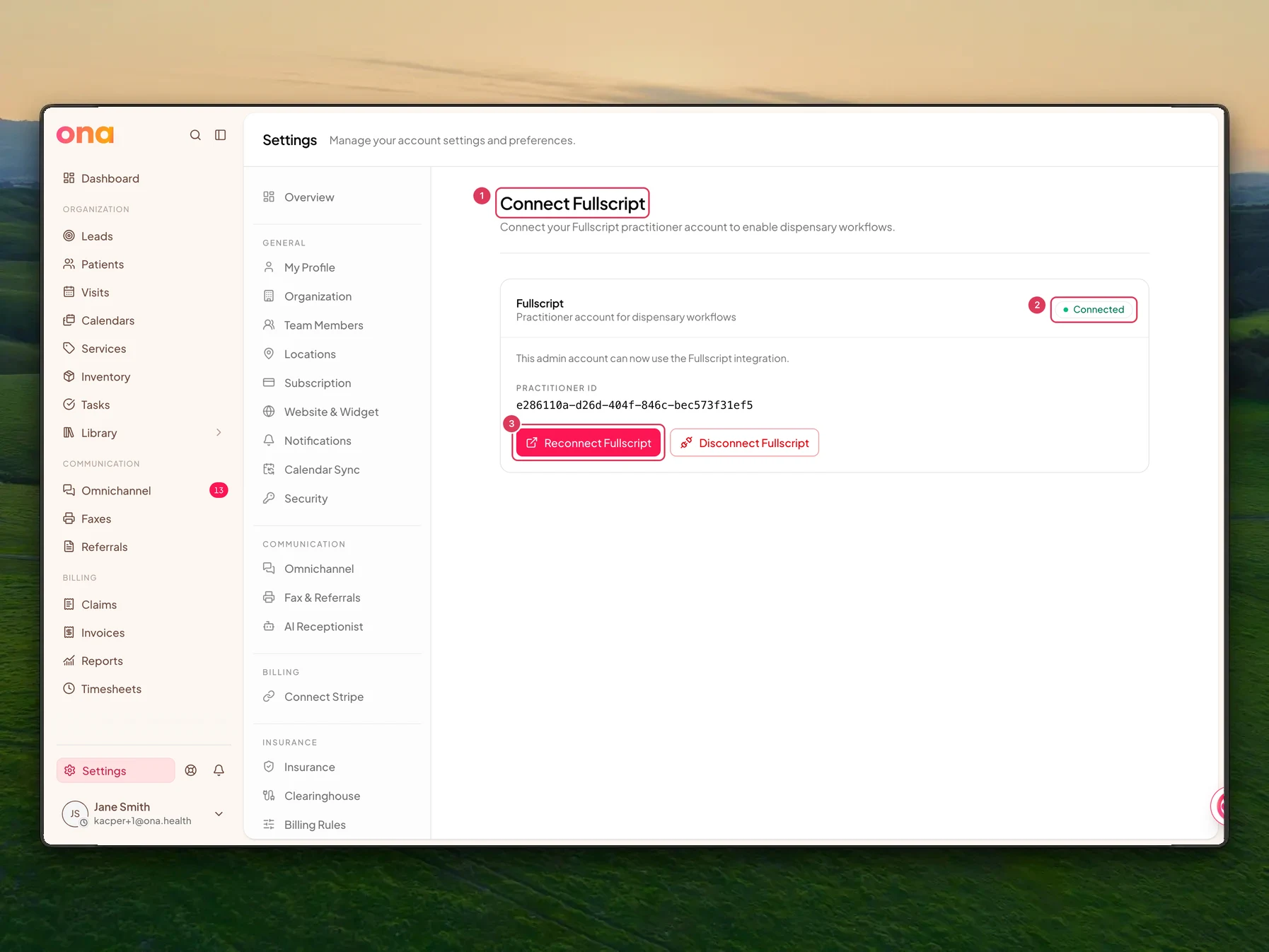 The Connect Fullscript settings page shows the Fullscript integration card with a Connected status and a Reconnect Fullscript button.