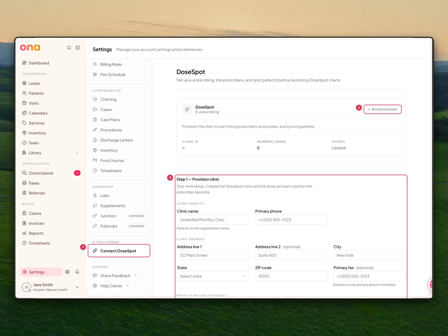 The DoseSpot settings page is open with Connect DoseSpot selected in the settings menu, the DoseSpot status showing Not provisioned, and Step 1 Provision clinic visible to show that DEA numbers are unavailable until the clinic is provisioned.