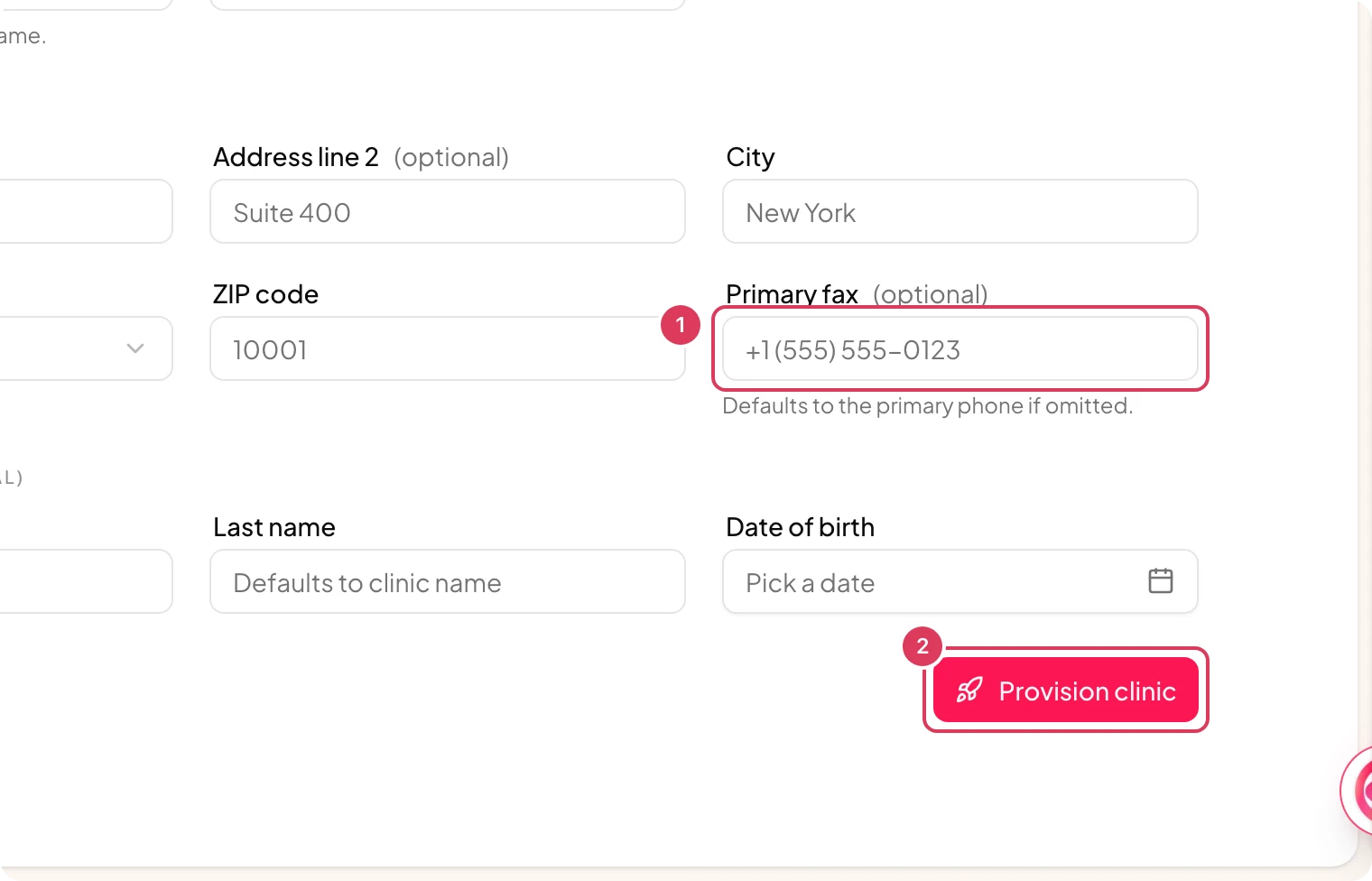 The DoseSpot Provision clinic section is visible with a Primary fax optional field, helper text about defaulting to the primary phone if omitted, and a Provision clinic button.