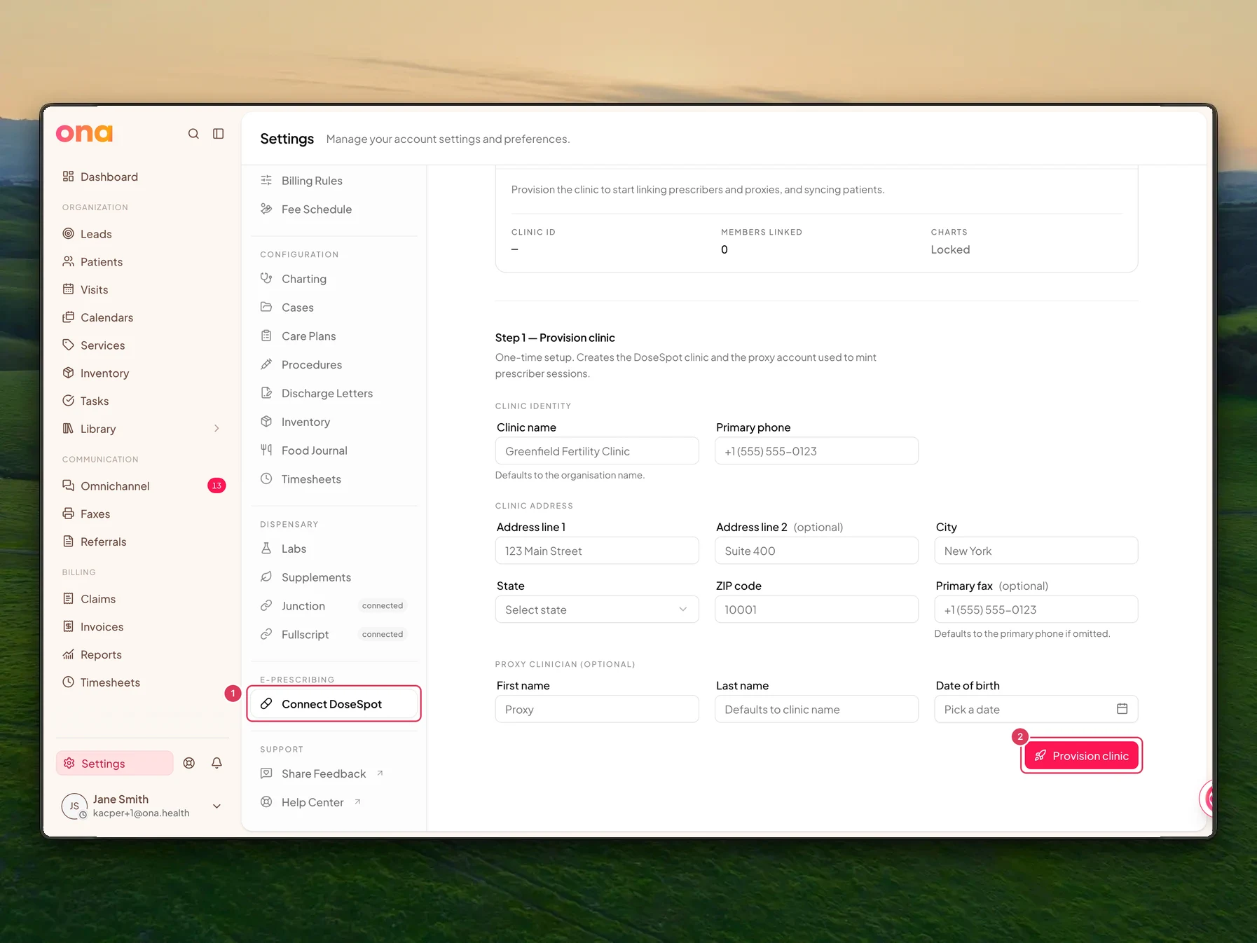 The DoseSpot settings page shows the Connect DoseSpot item in the settings menu and the Step 1 provision clinic form that must be completed before prescriber relink, switch, or unlink actions are available.