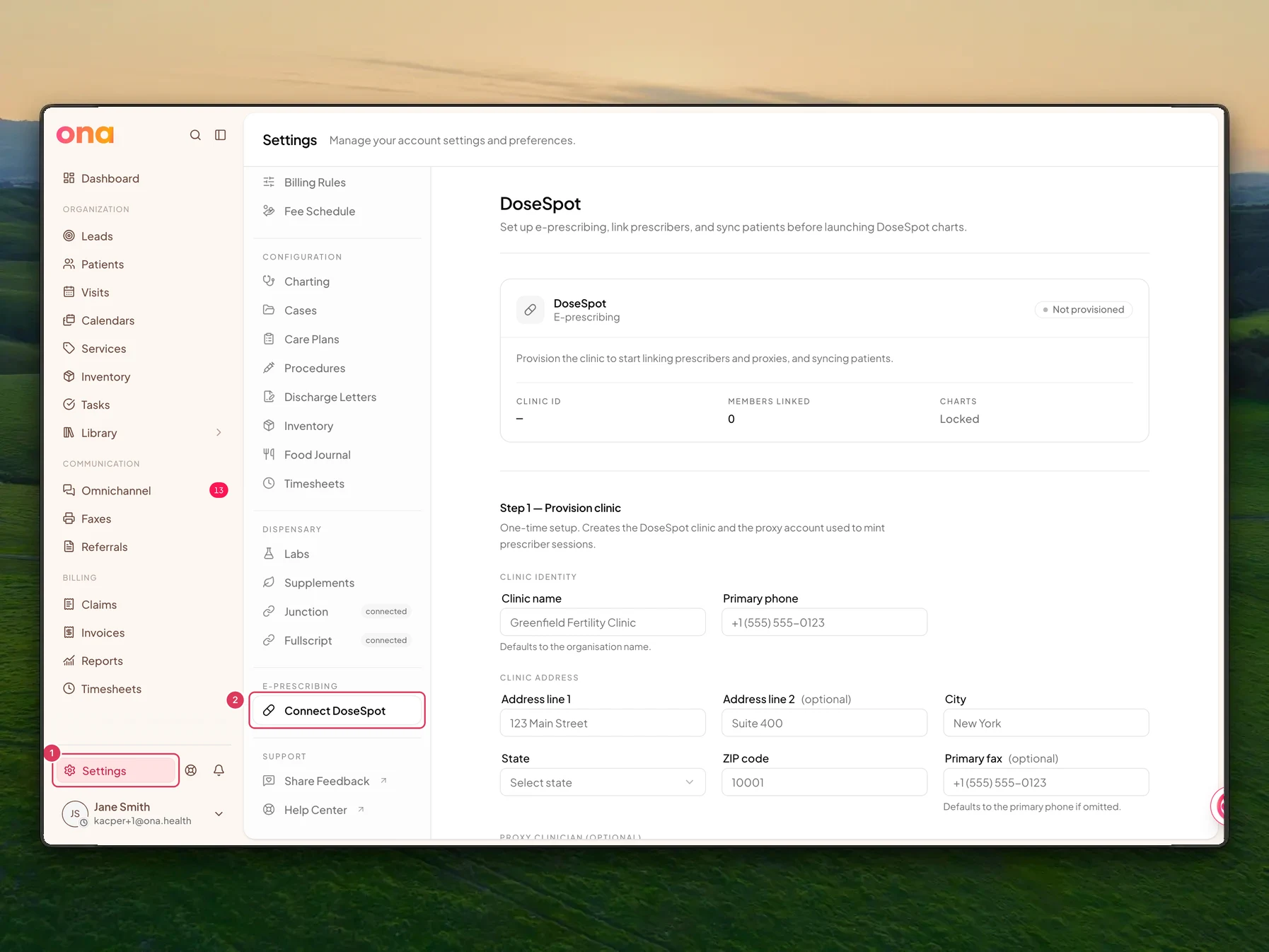 The DoseSpot settings page is open with Settings highlighted in the main sidebar and Connect DoseSpot highlighted in the settings menu.