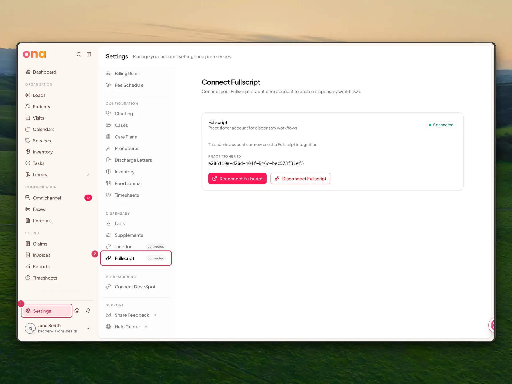 The Settings page is open with Settings highlighted in the left sidebar and Fullscript highlighted under Dispensary in the settings menu.