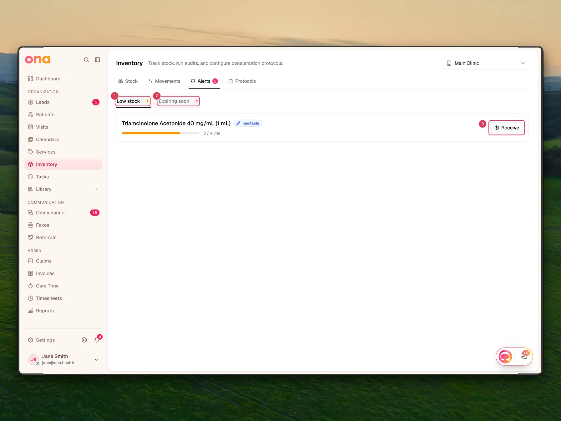 The Inventory Alerts page is open, showing the Low stock and Expiring soon tabs and a low-stock item with a Receive action.