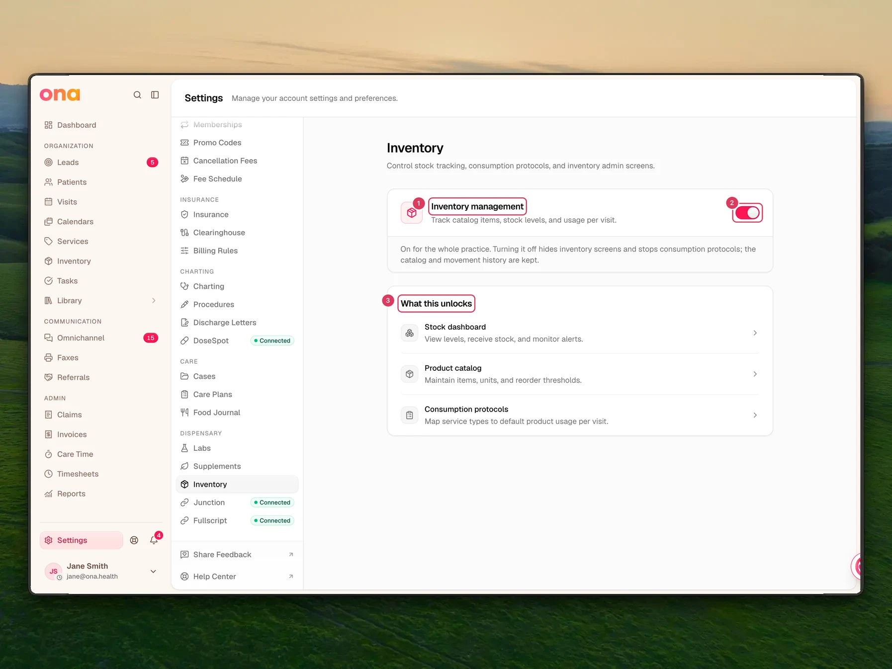 The Inventory settings page shows the Inventory management feature gate, its toggle switch, and the links that appear when inventory is enabled.