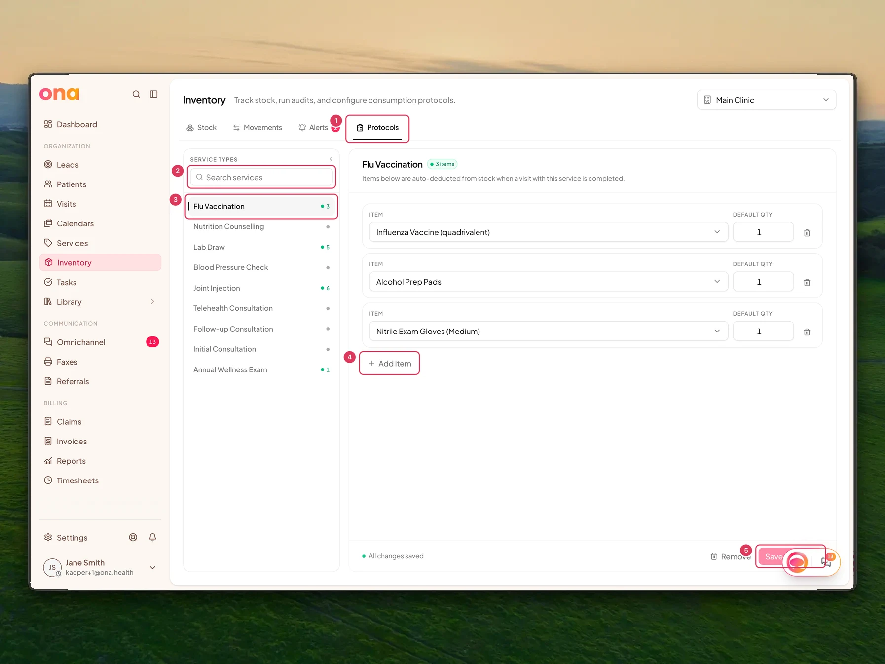 The Inventory Protocols page is open with the Protocols tab selected, a Service types list and search field on the left, and the selected Flu Vaccination protocol editor with Add item and Save protocol controls on the right.