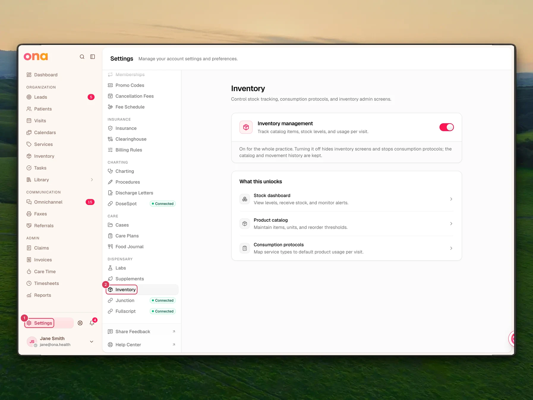 The Inventory settings page is open with Settings highlighted in the left sidebar and Inventory visible in the settings menu.
