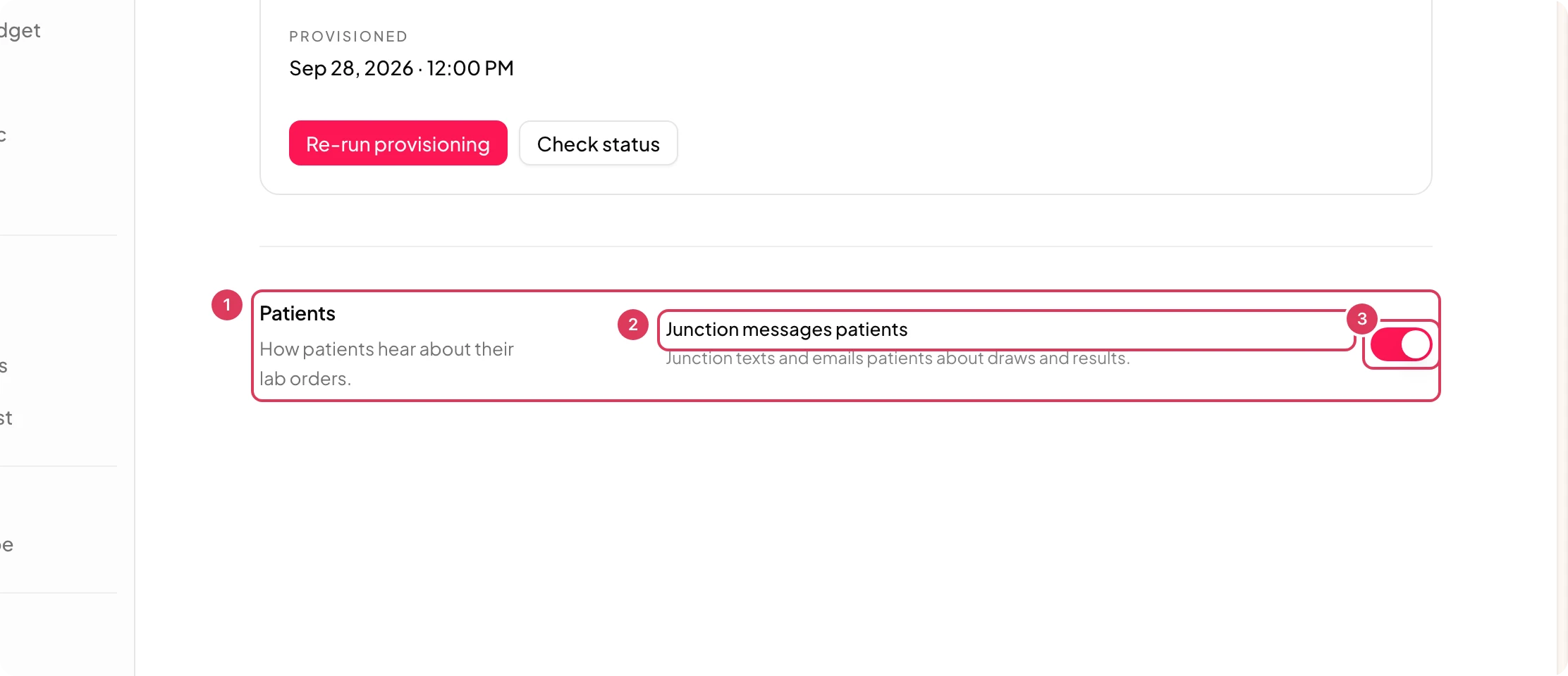 The Patients section in Junction settings contains the Junction messages patients switch, described as texting and emailing patients about draws and results.