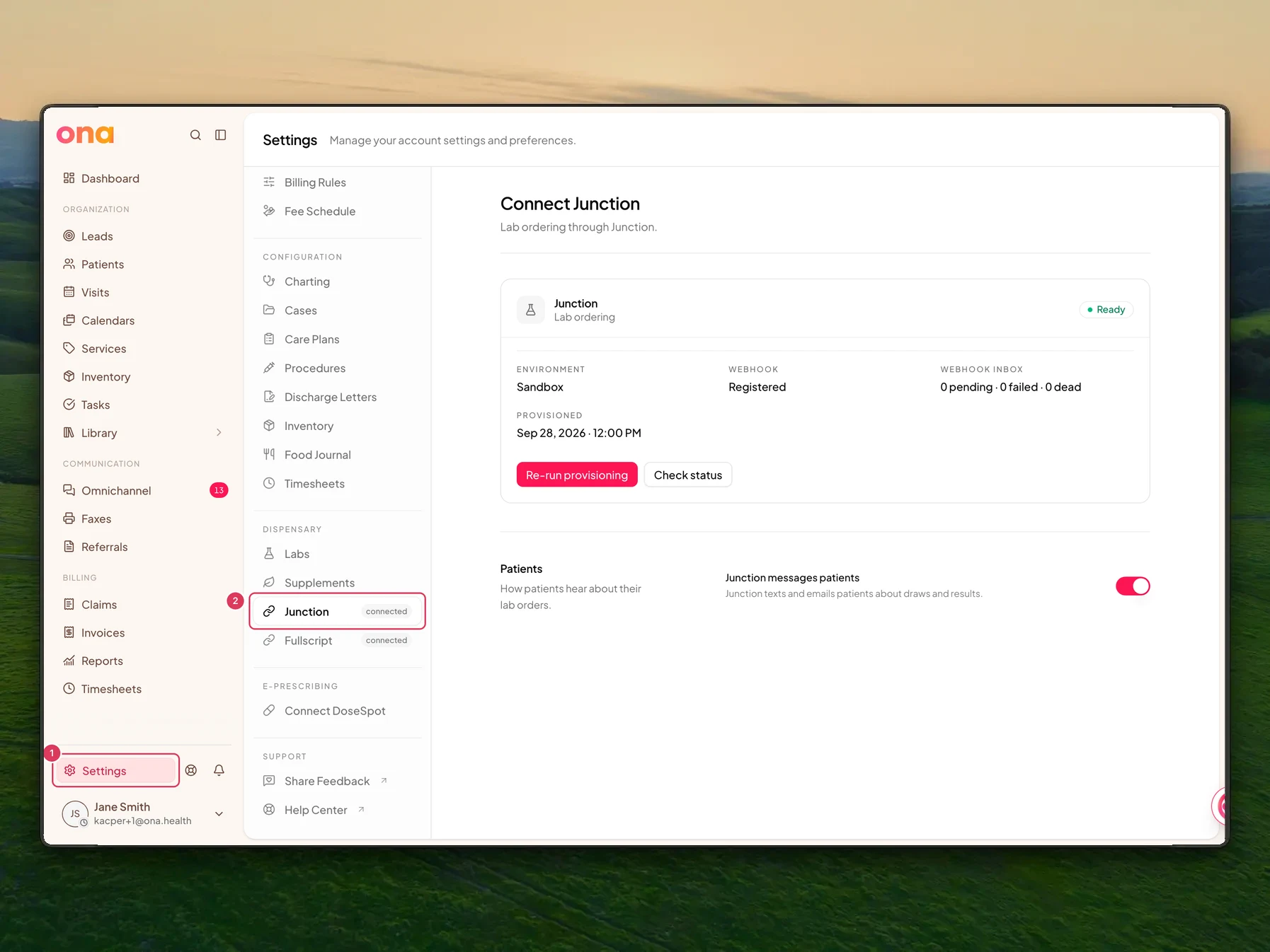 The Settings page is open with Settings highlighted in the left sidebar and Junction highlighted under Dispensary in the settings menu.