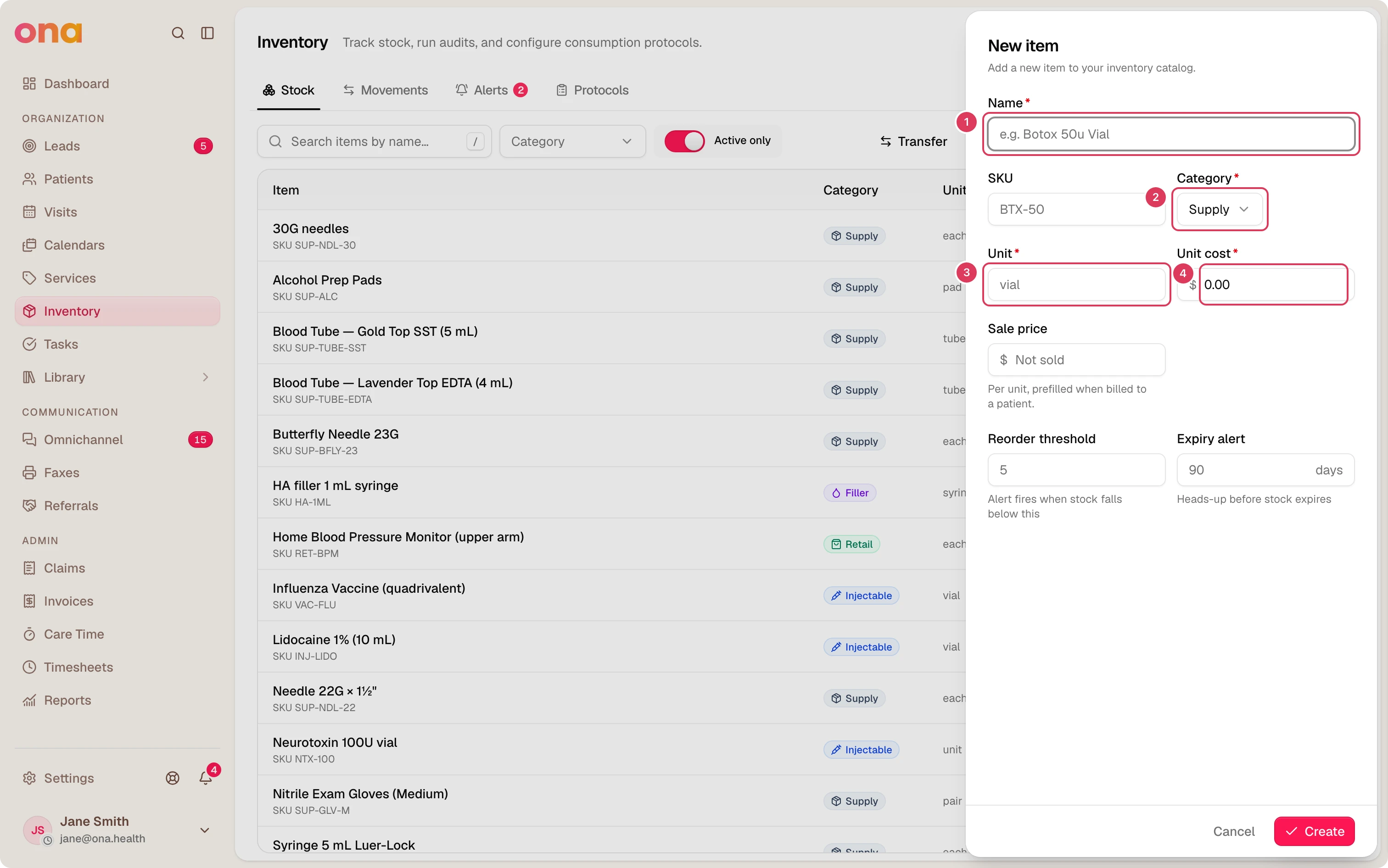 A New item dialog is open over Inventory, showing the fields for Name, Category, Unit, and Unit cost, with Cancel and Create buttons at the bottom.