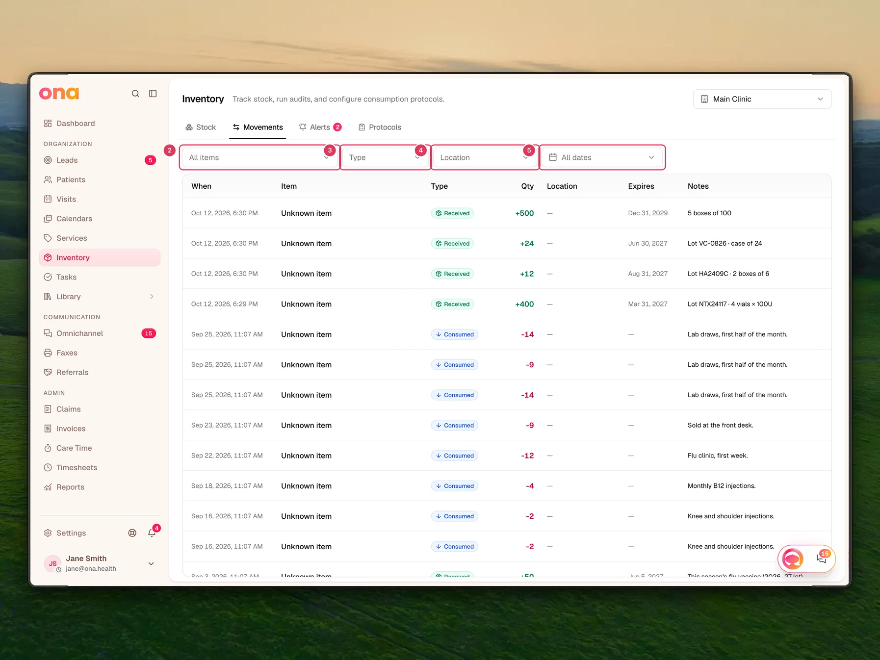 The Movements page is open under Inventory, with filters for item, type, location and dates above a history table of stock changes.