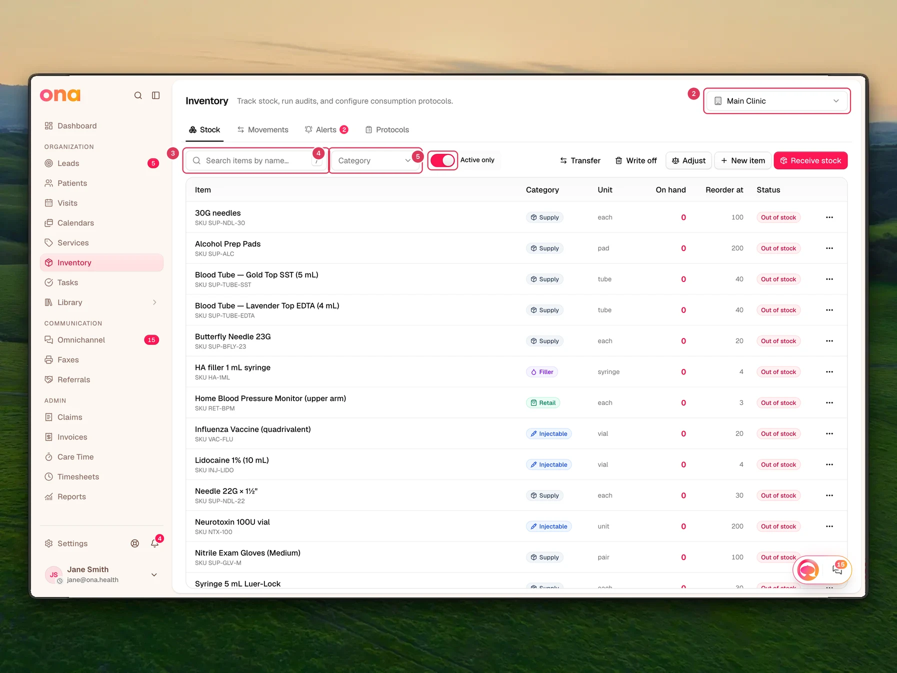 The Inventory page is open on the Stock tab, with the location selector, search and category filters, Active only switch, action buttons, and the stock table visible.