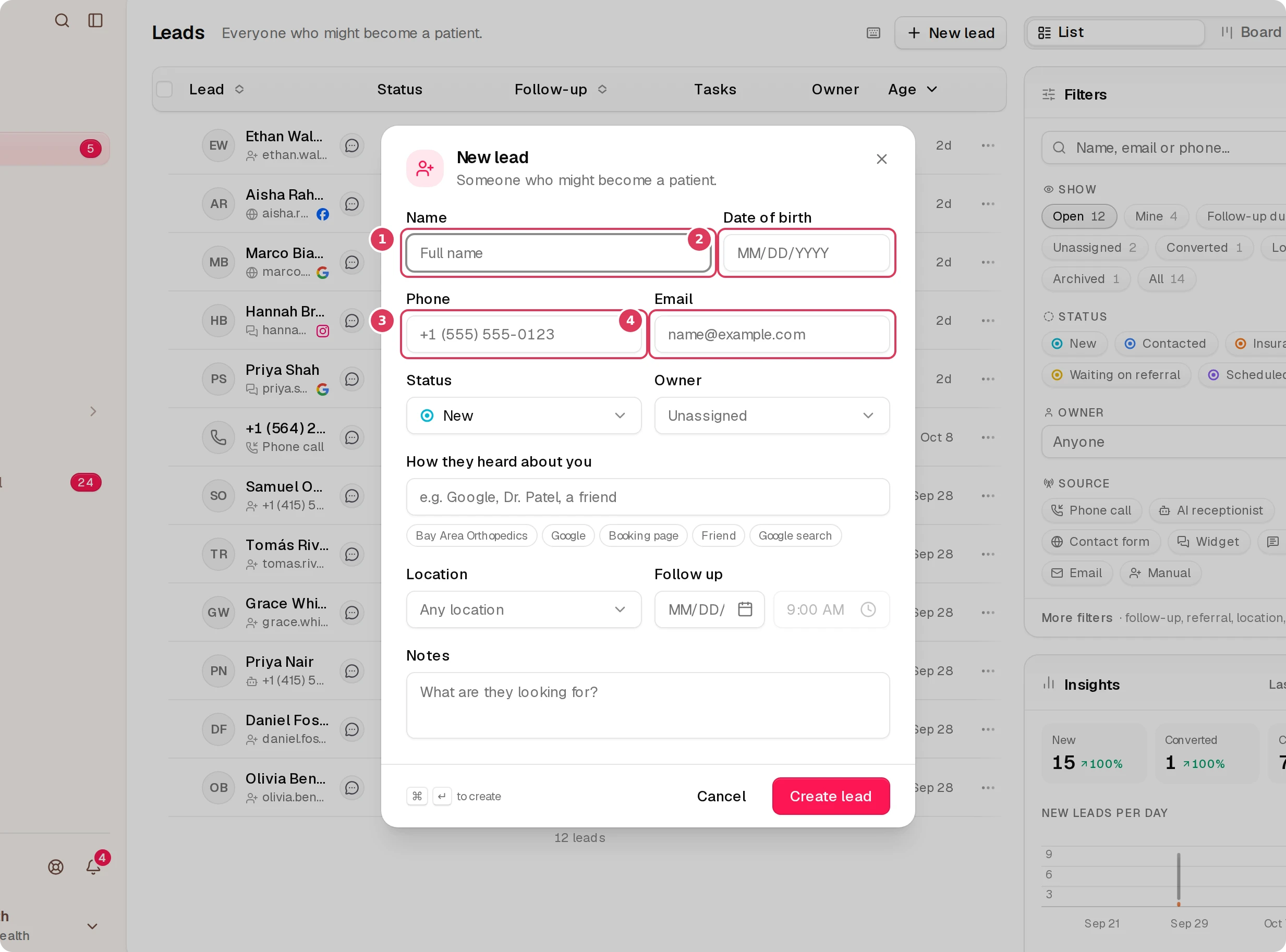 The New lead dialog is open over the Leads page, with fields for name, date of birth, phone, and email visible.