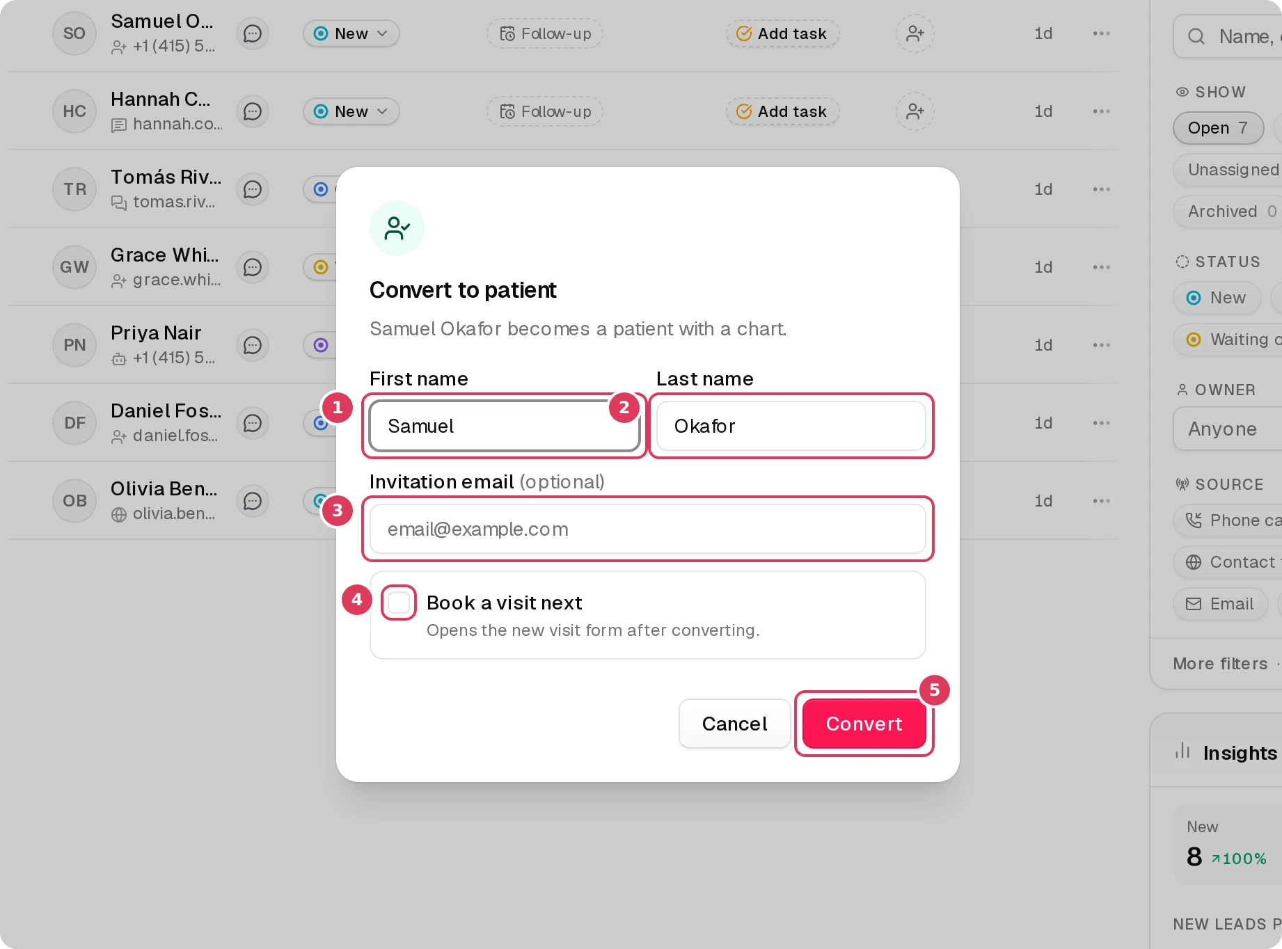 A Convert to patient dialog is open over the Leads page, with editable first name, last name, and invitation email fields, a Book a visit next checkbox, and a Convert button at the bottom.