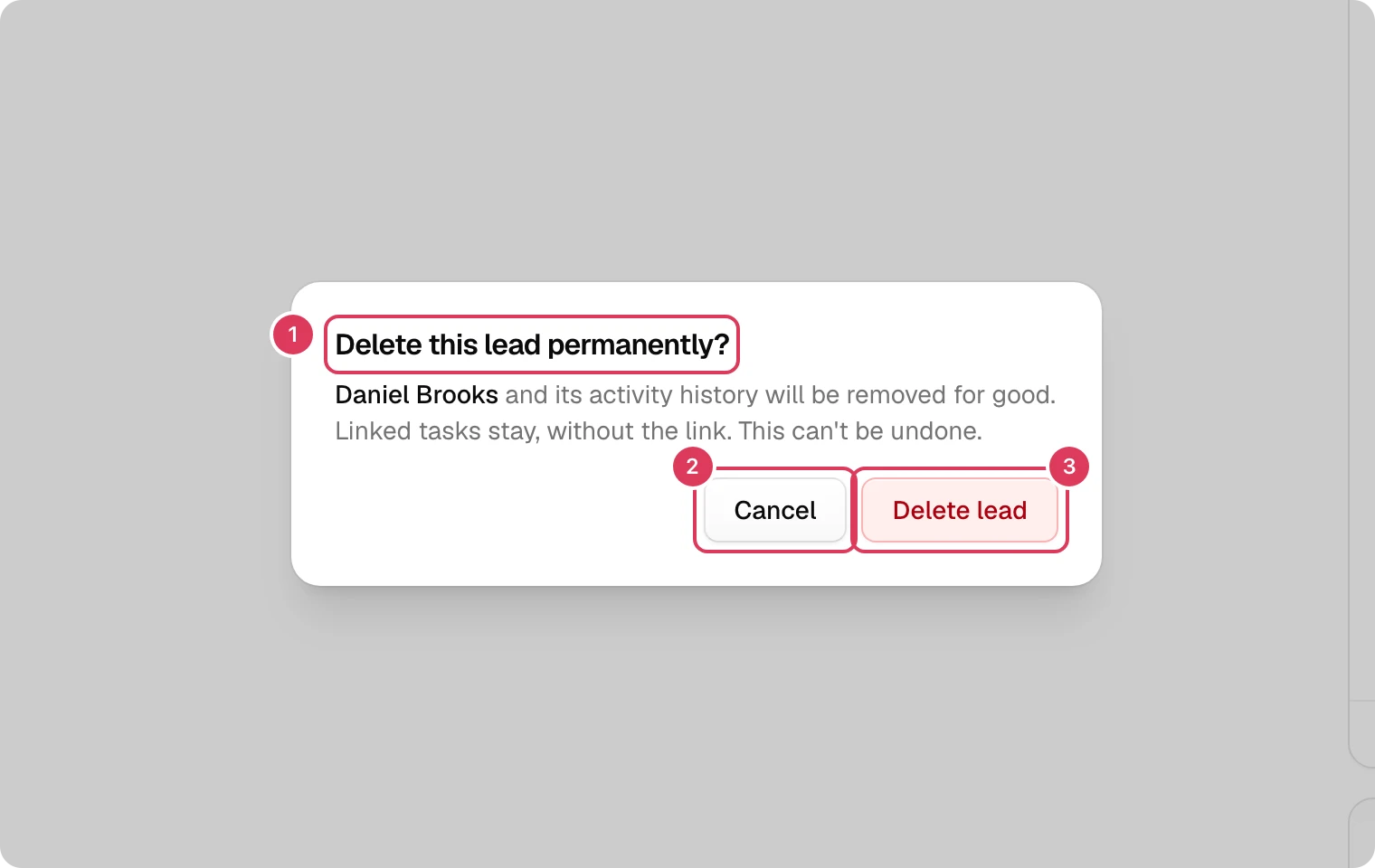 A delete confirmation dialog is open warning that Daniel Brooks and its activity history will be removed for good, with Cancel and Delete actions at the bottom.