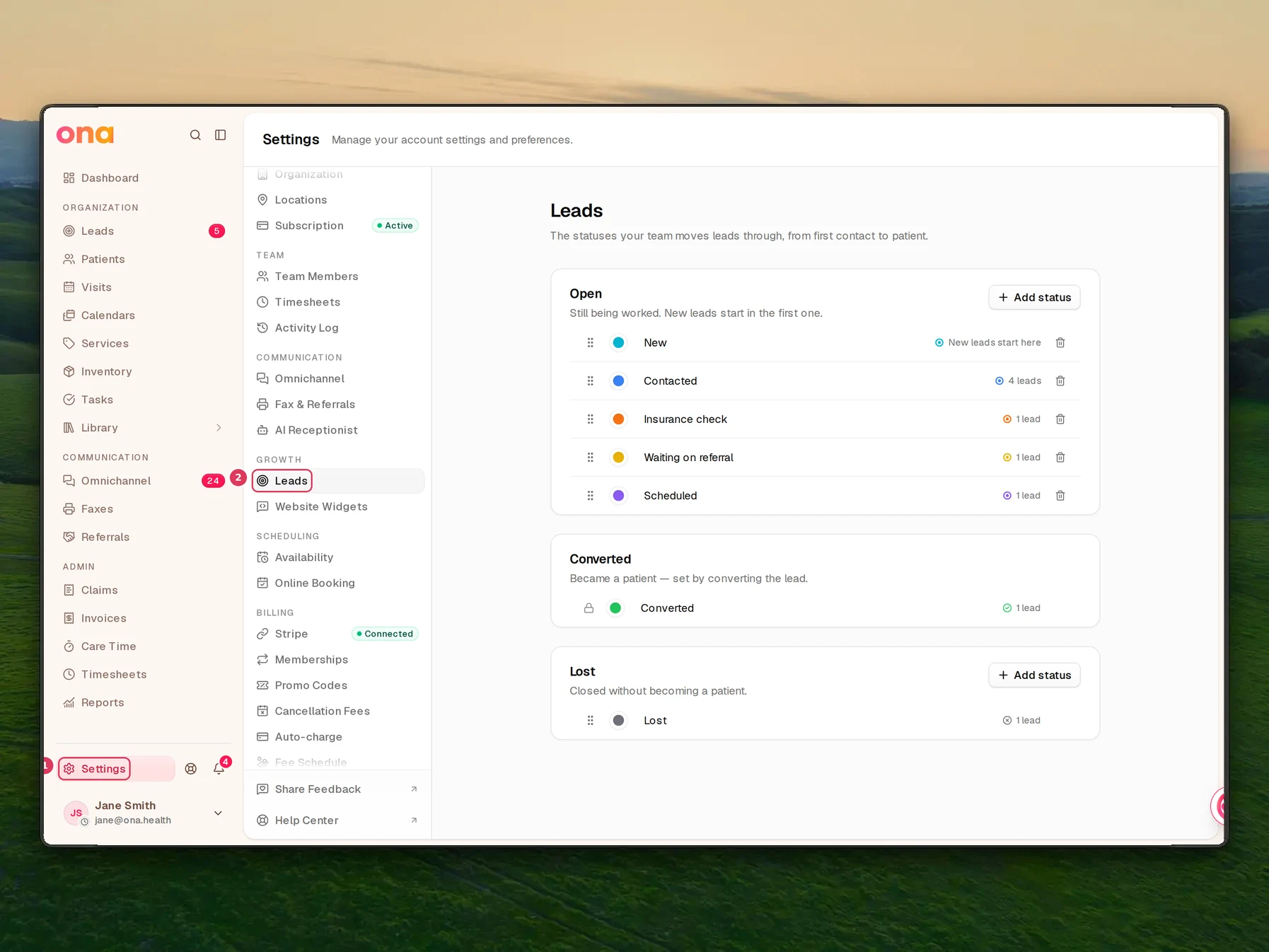 The Settings page is open, with the Settings link in the left sidebar and the Leads item selected in the settings menu.