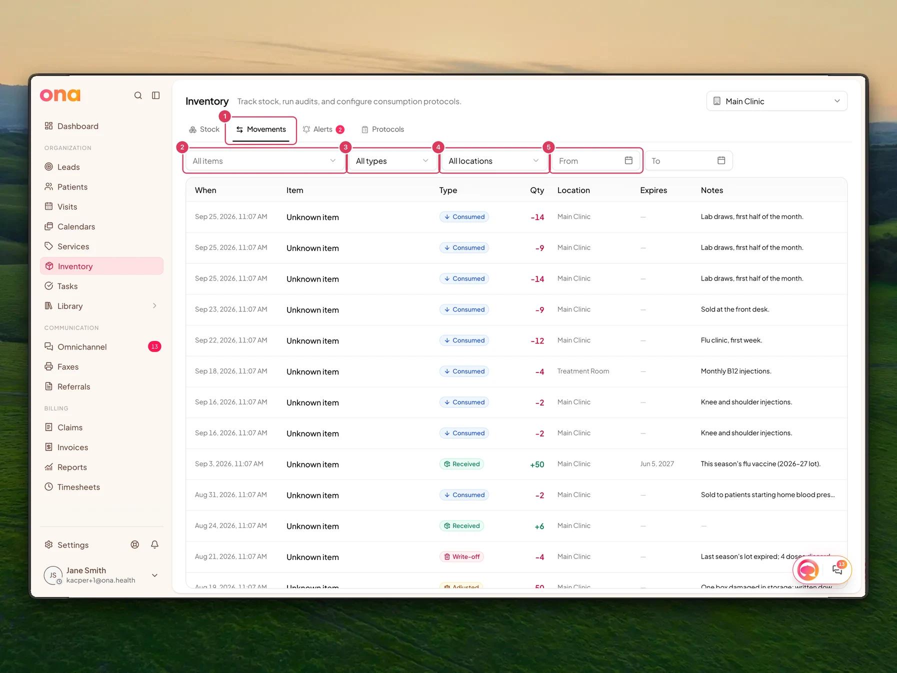 The Inventory Movements tab is open with filters for item, movement type, location and date range above the movement history table.