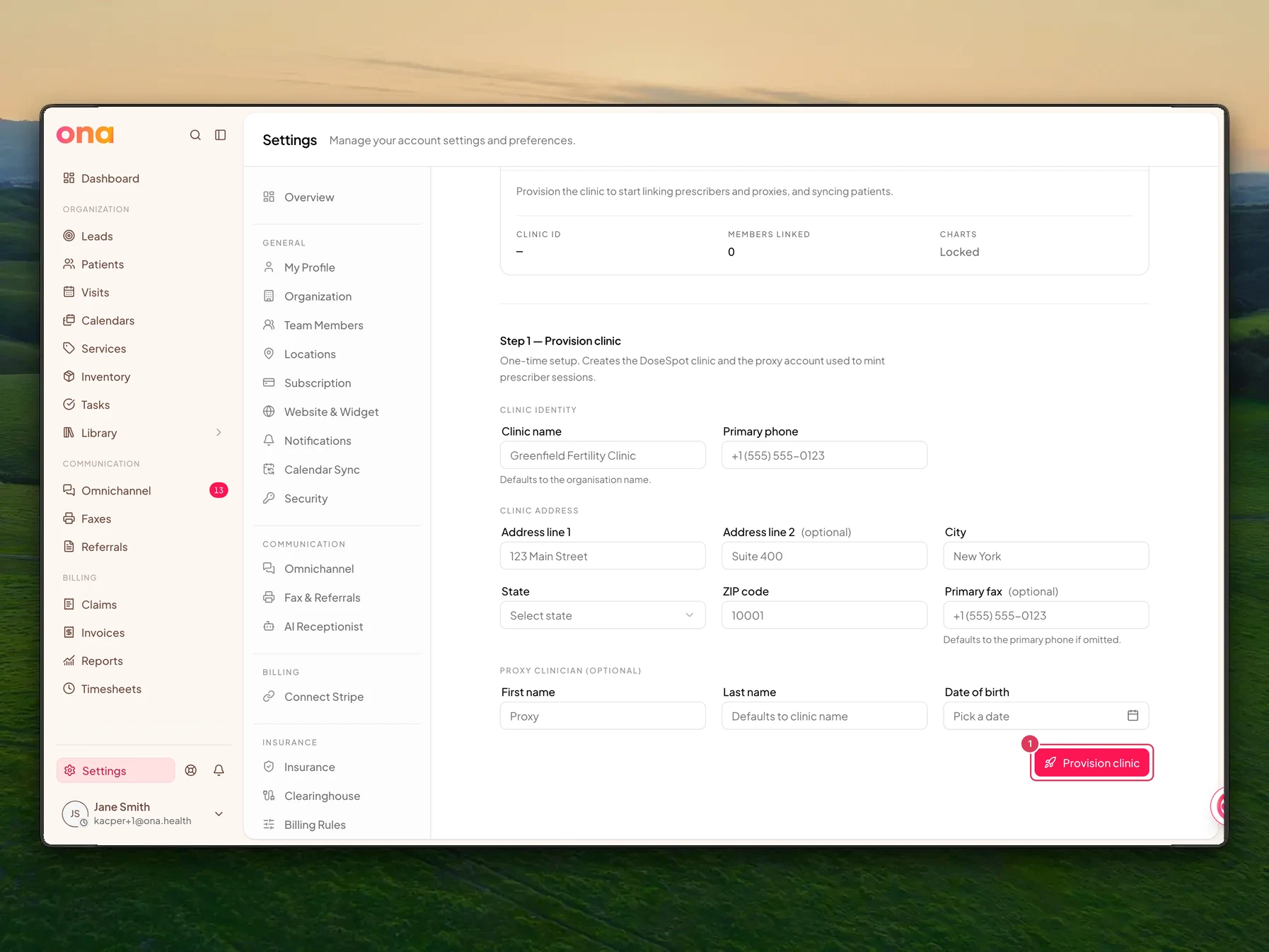 The DoseSpot settings page shows Step 1 — Provision clinic with clinic identity, clinic address, optional proxy clinician fields, and the Provision clinic button; the prescriber and proxy provisioning step is not available until the clinic is provisioned.