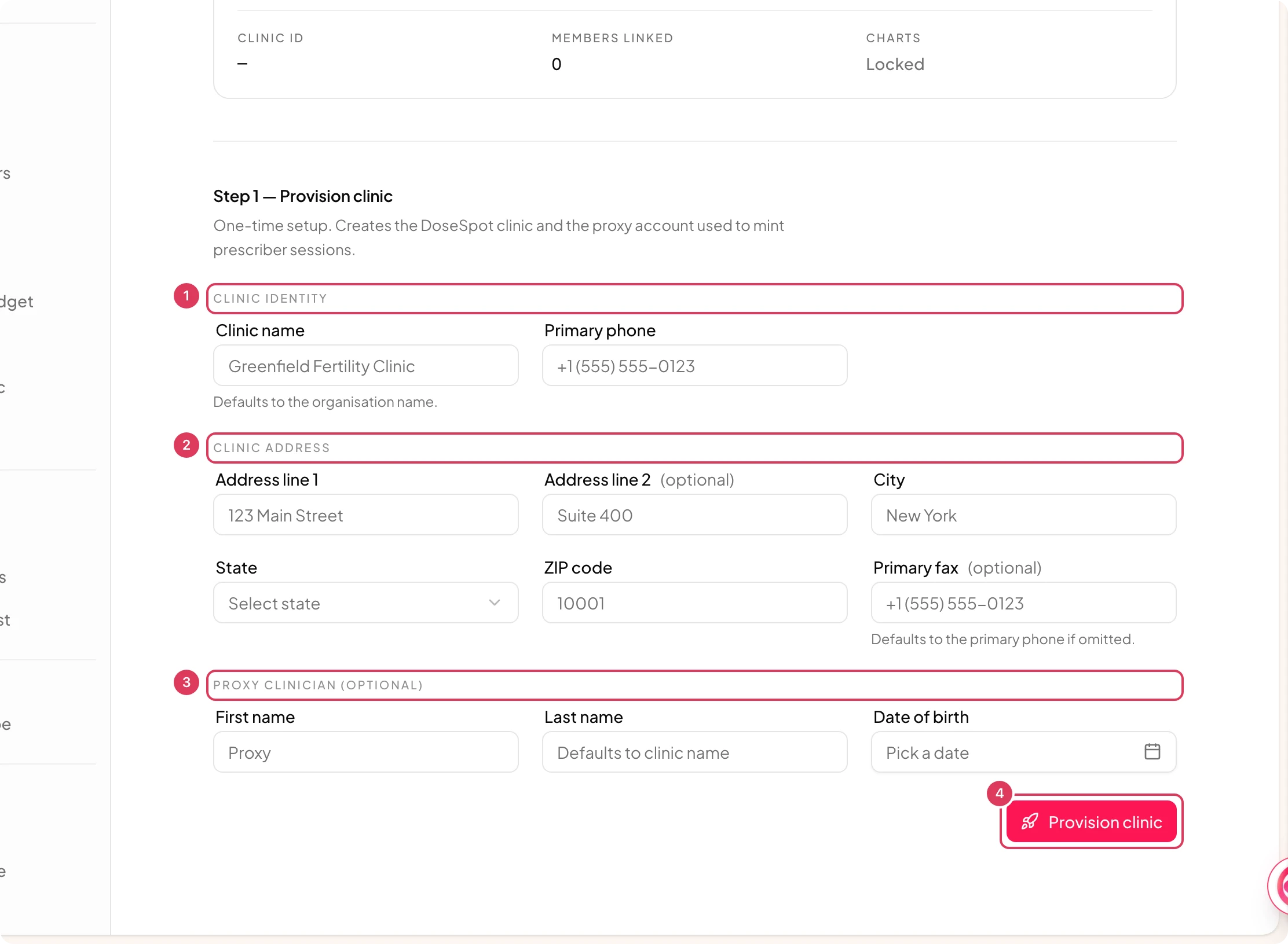 The Step 1 Provision clinic section of the DoseSpot settings page shows the clinic identity, clinic address, optional proxy clinician fields, and the Provision clinic button.
