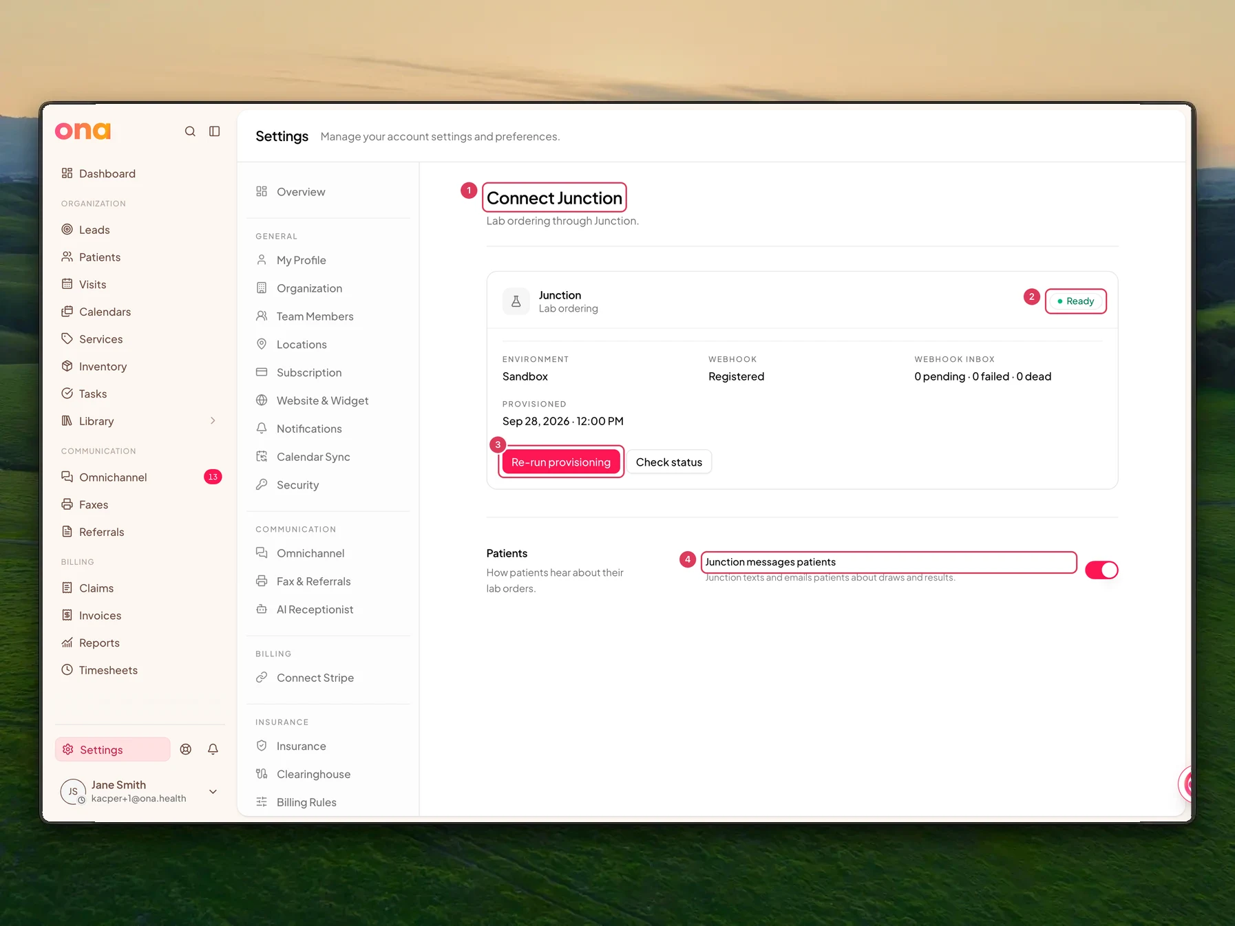 The Connect Junction settings page shows the Junction lab ordering card with Ready status, provisioning and status buttons, and a Patients section for Junction messages.