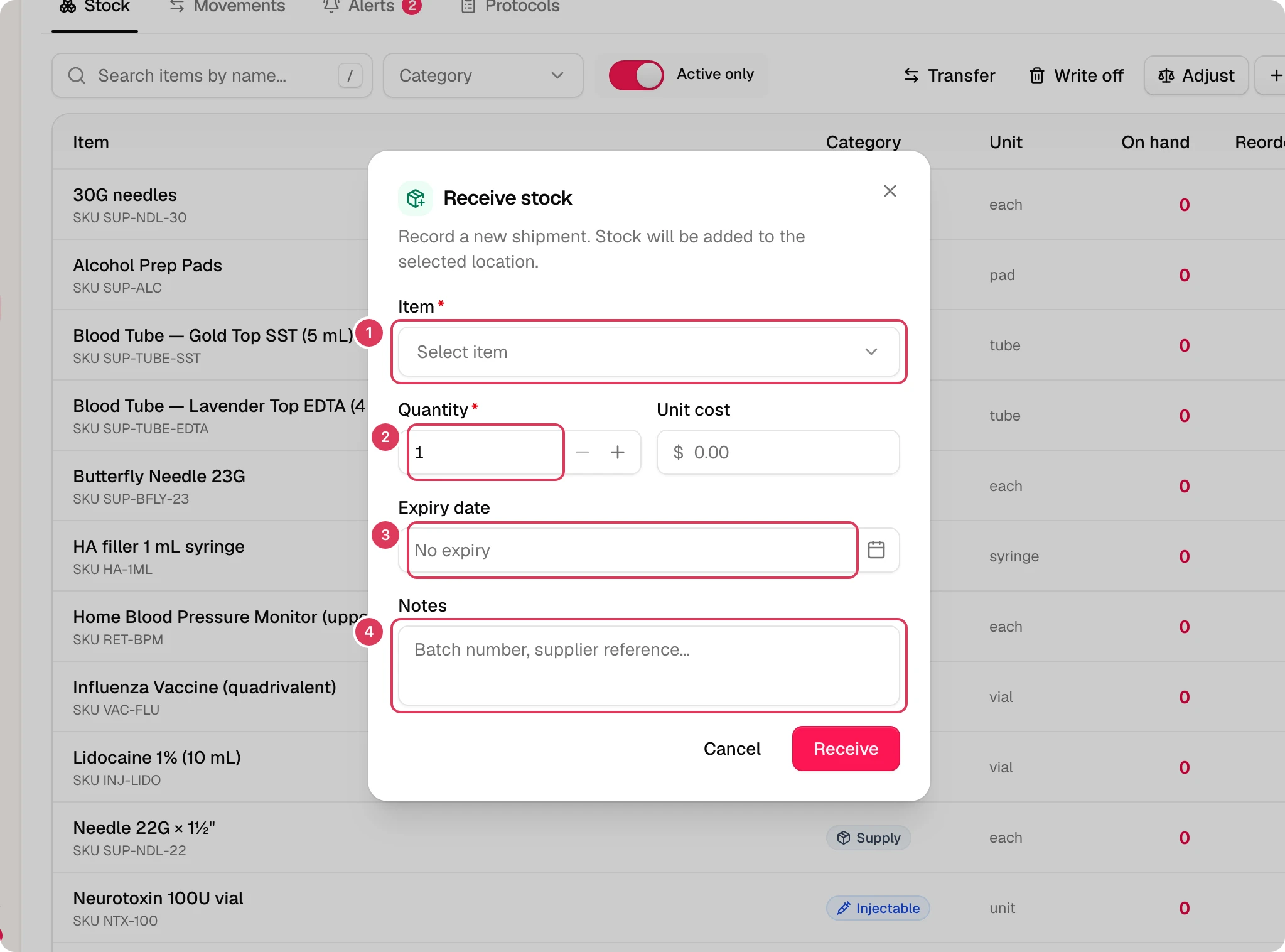 The Receive stock dialog is open on top of Inventory, with fields for item, quantity, unit cost, expiry date, and notes ready to record a shipment.