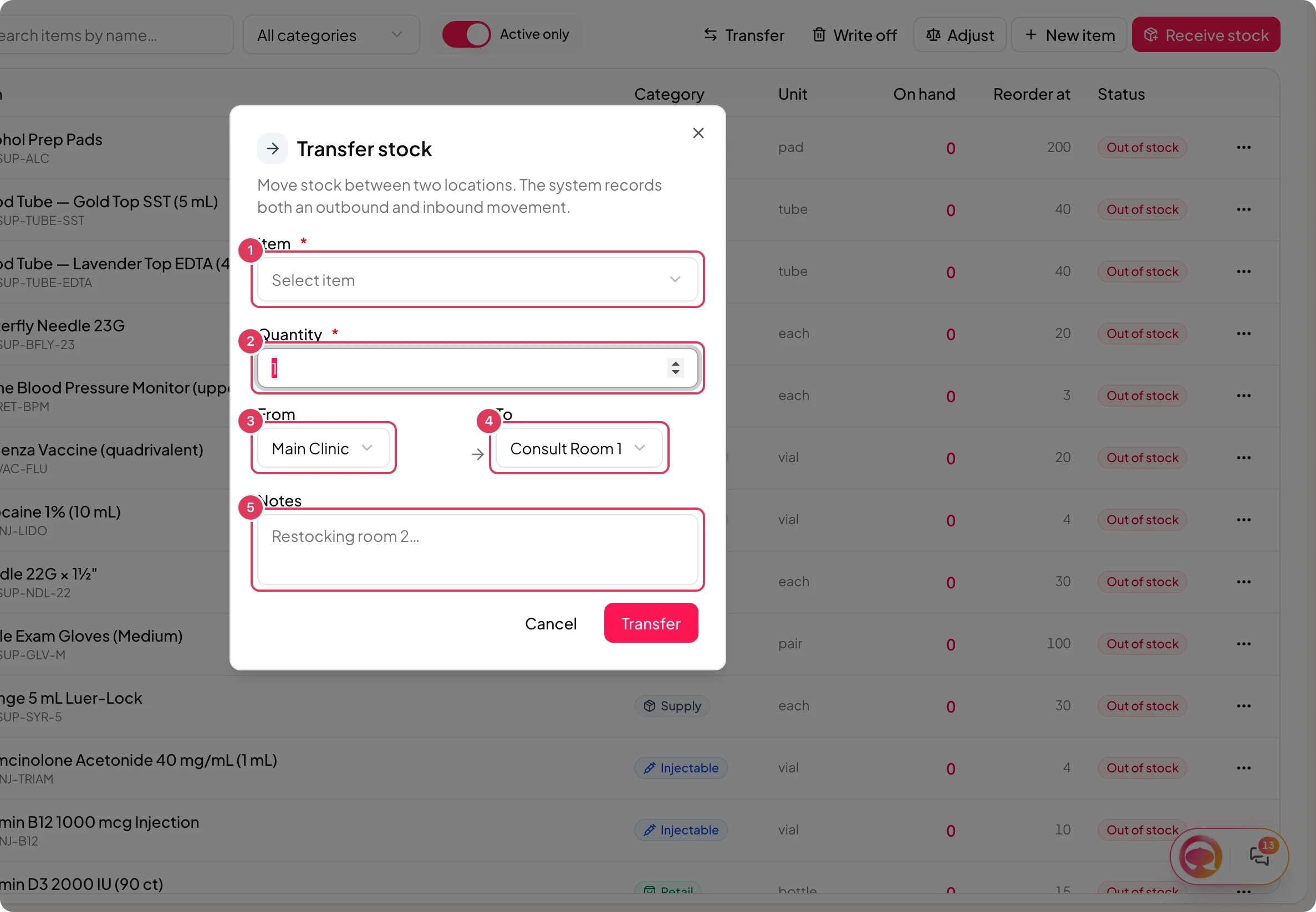 The Transfer stock dialog is open, showing item, quantity, From and To location selectors, and notes before the transfer is submitted.
