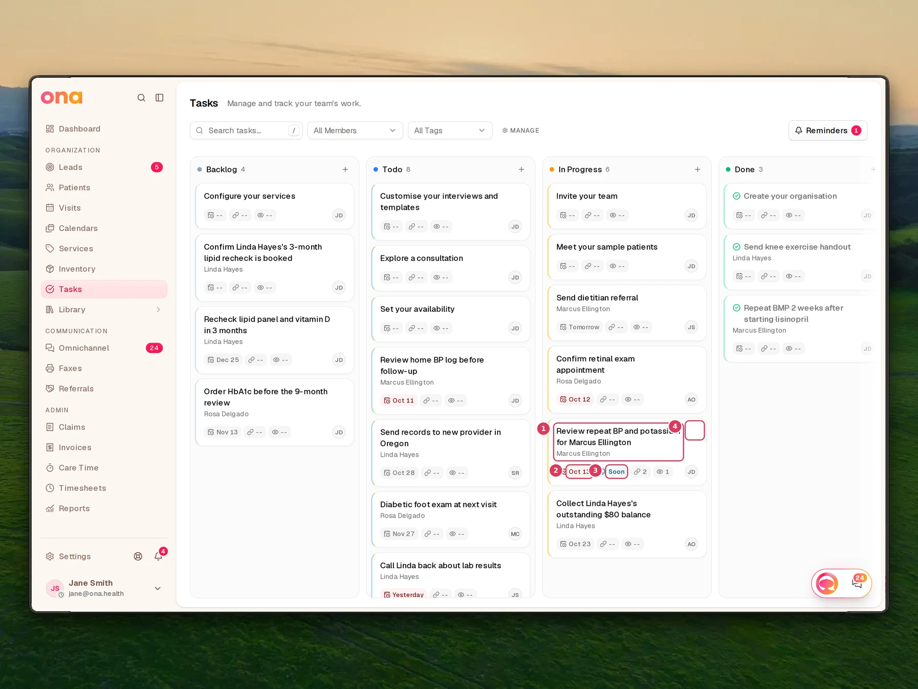 The Tasks board is open on the dashboard, showing kanban columns and a task card with its title, deadline, reminder chip, and task options called out.
